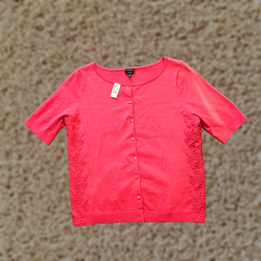 Talbots Talbots Cardigan Womens Large Pink Pima Lace ShortSleeve Stretch Casual Sweater Size L / US 10 / IT 46 - 1 Thumbnail