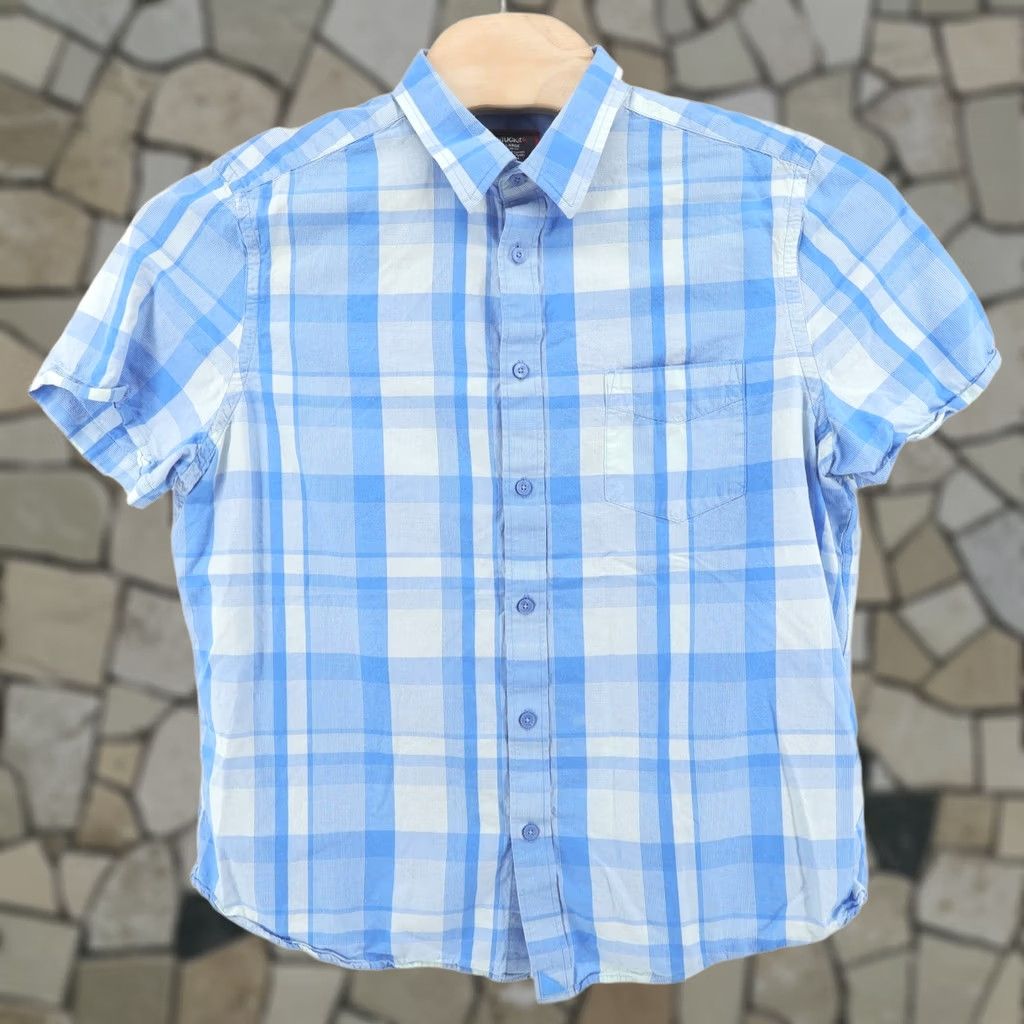Untuckit Shirt Mens L Blue Plaid Short Sleeve Button Down Organic Cotton Tencel, Men's (Size Xl)