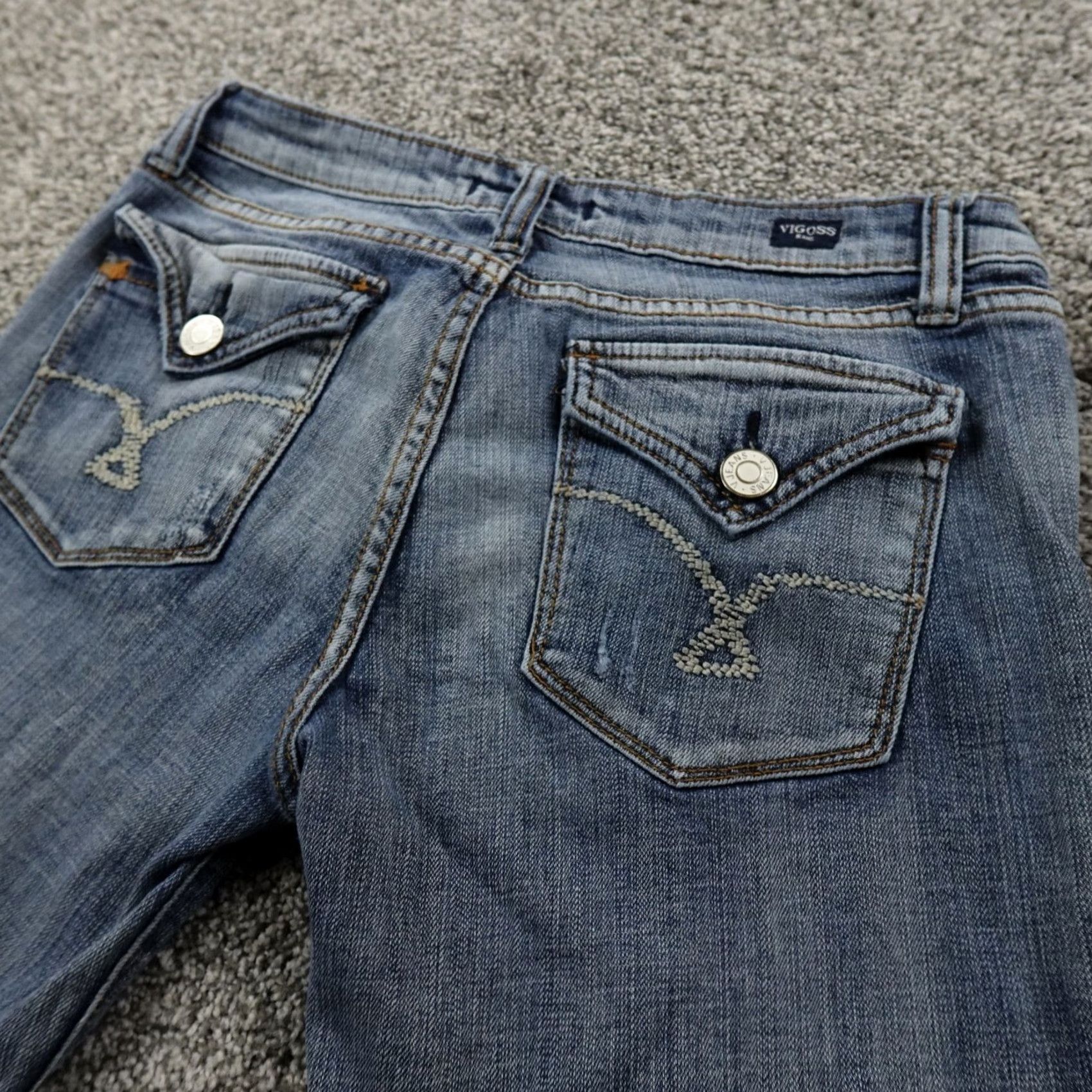Vintage VIGOSS Jeans Women 9 Blue Denim Boot Flare Low Rise 5-Pocket Stretch Logo USA Western Cowboys Hippster Y2K Womens Jeans Size 30" / US 8 / IT 44 - 2 Thumbnail