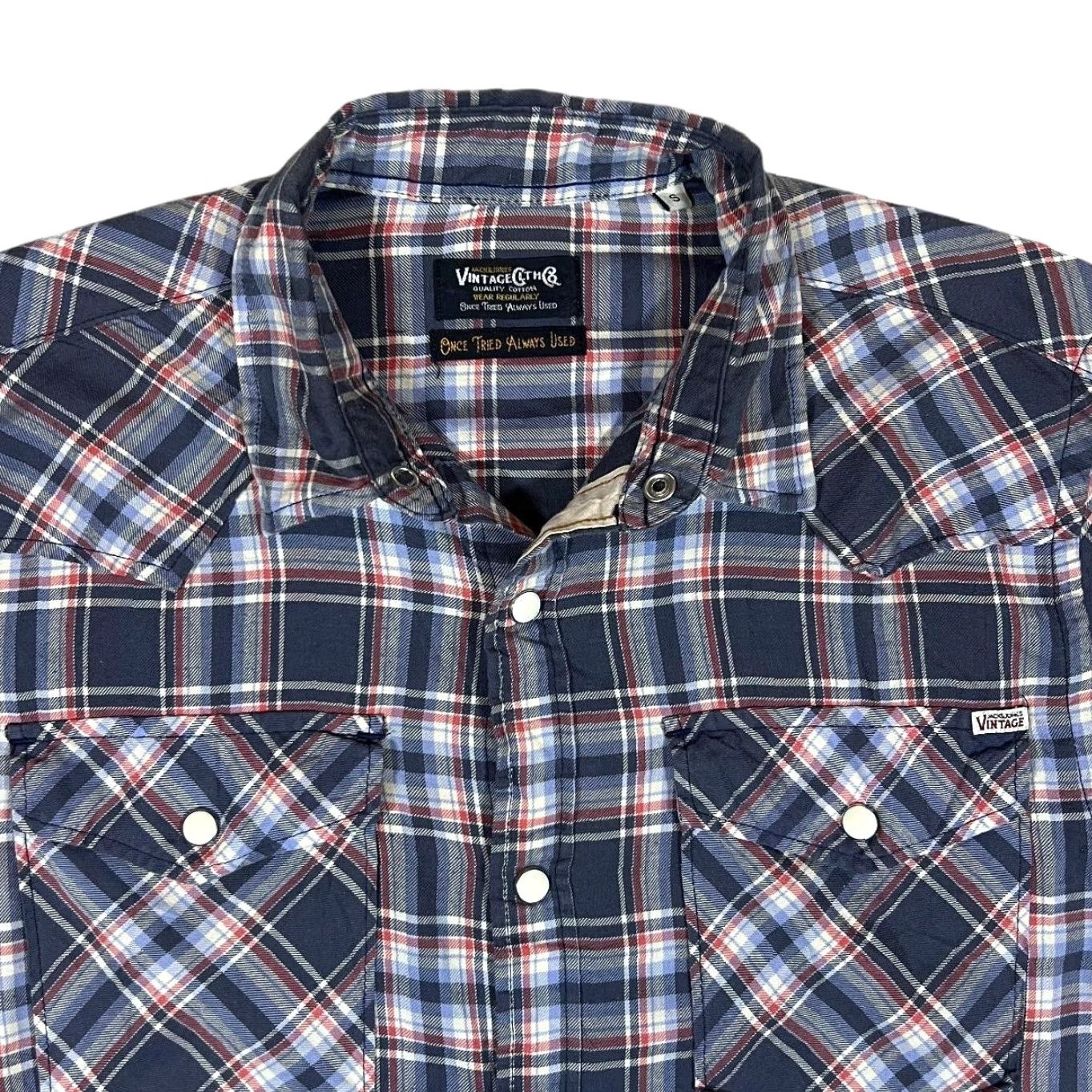 Jack & Jones JACK & JONES "Vintage" Cowboy Western Plaid Check Snap Popper Long Sleeve Shirt Small Shirt Mens Navy Red White Check Western 90s Size US S / EU 44-46 / 1 - 3 Thumbnail