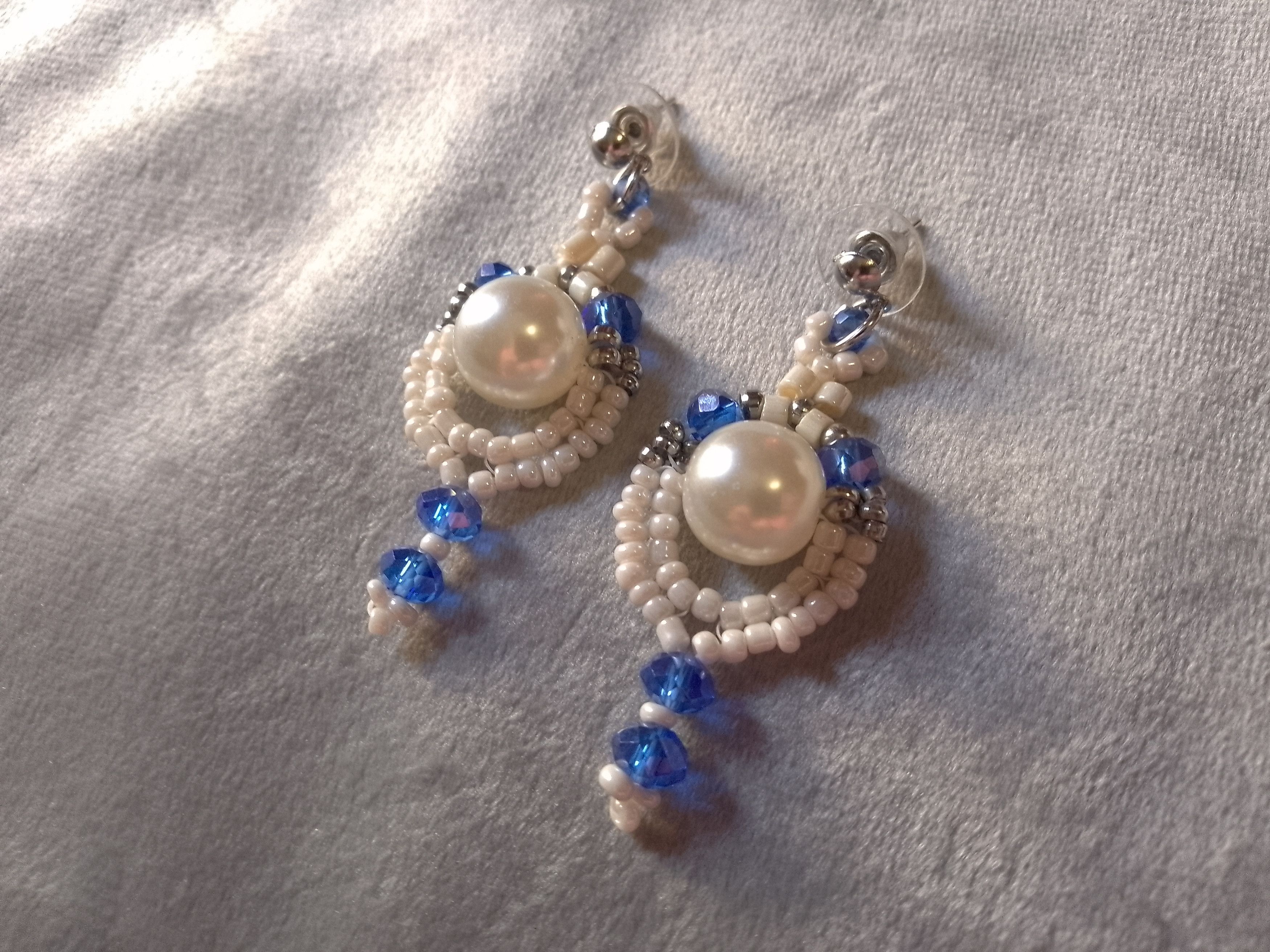 Handmade Earrings Ivory Pearl Blue Crystal Elegant Size ONE SIZE - 1 Thumbnail