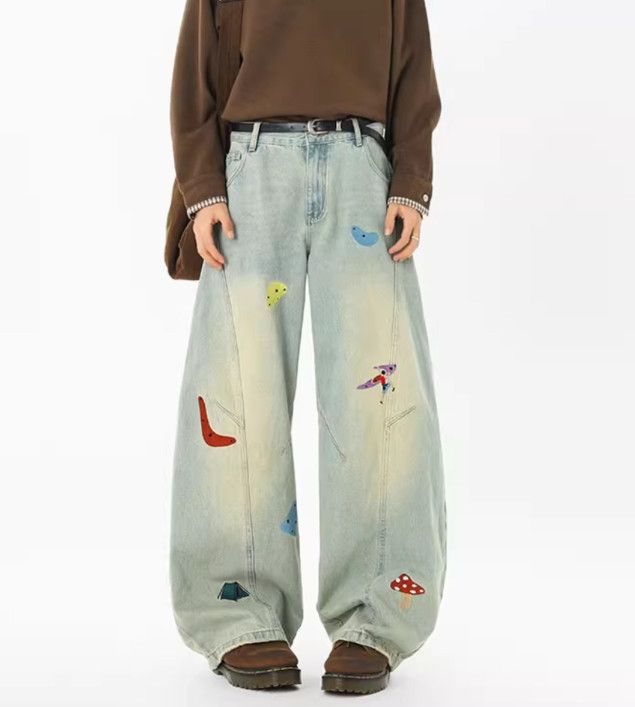 Vintage High-street fun embroidered curved blade patchwork jeans Size US 32 / EU 48 - 1 Thumbnail