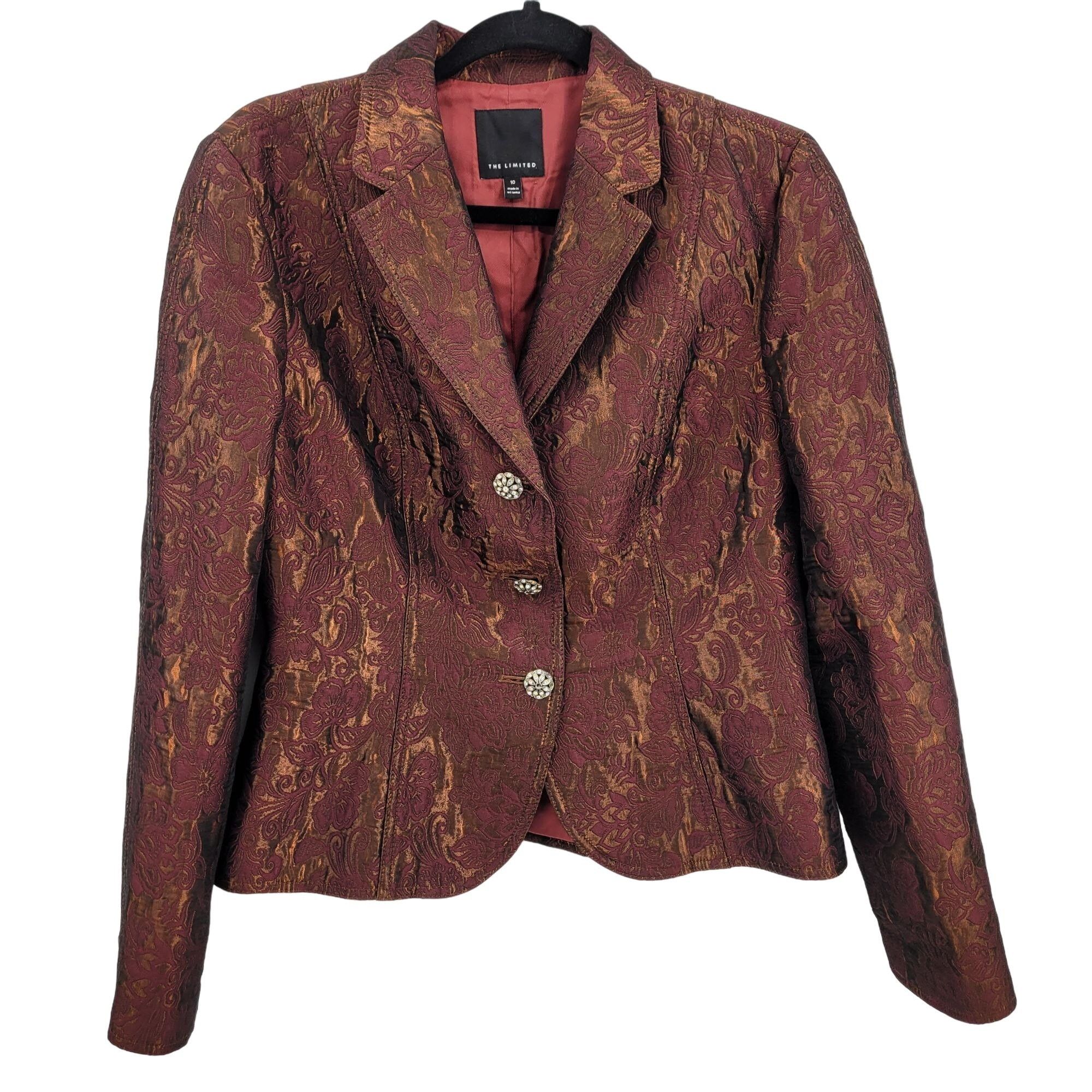 Vintage Vtg Y2k Maroon Metallic Blazer Sz !0 Smoking Jacket Jacquard Size L / US 10 / IT 46 - 1 Thumbnail