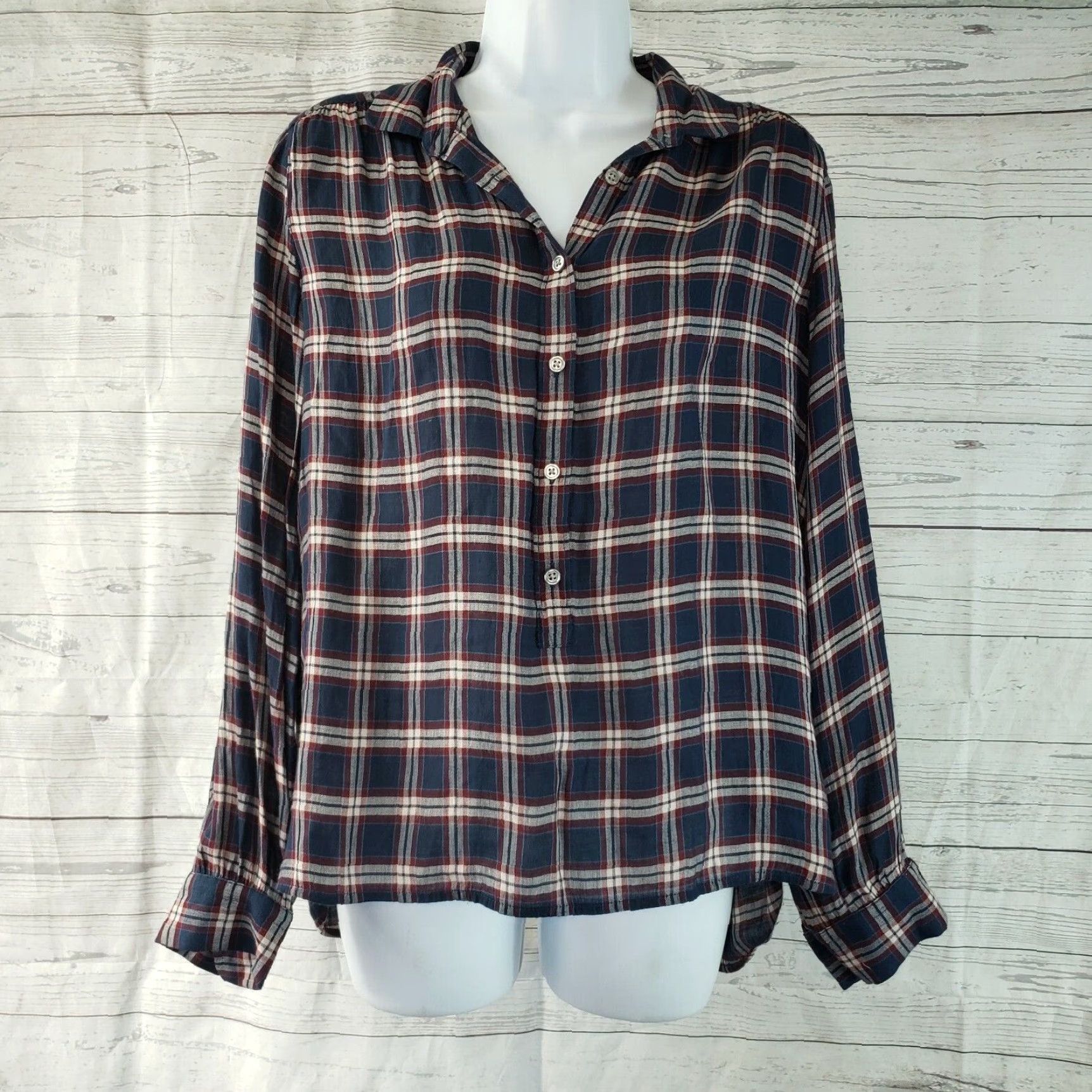 Loft Ann Taylor LOFT Womens Shirt Sz Small Blue Plaid Rayon Popover The Softened Size S / US 4 / IT 40 - 2 Thumbnail