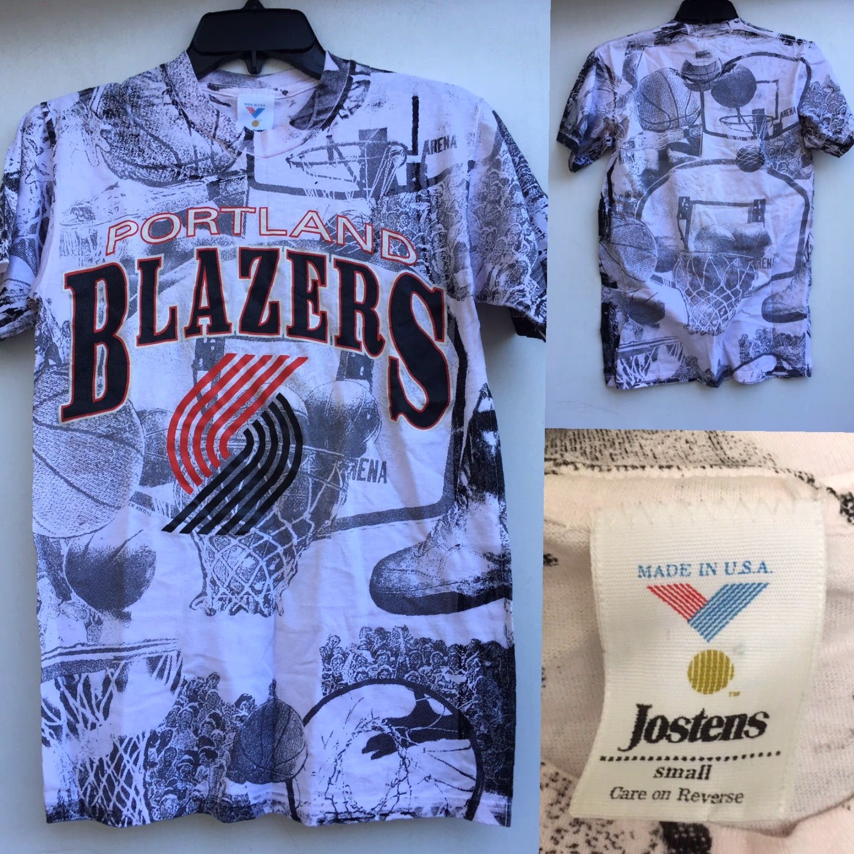NBA VINTAGE Portland Trail Blazers All Over Print Tee Jostens USA Small NBA AOP Shirt Mens White 90s Basketball Graphic Tee Size 36R - 2 Thumbnail