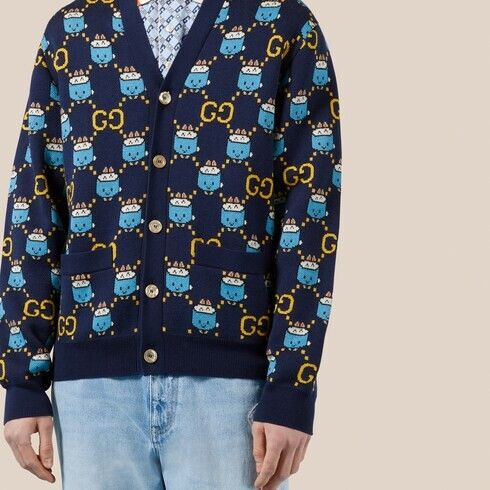 Gucci o1s1wg110225 GG Animal Cotton Wool Jacquard Cardigan Size US L / EU 52-54 / 3 - 4 Thumbnail