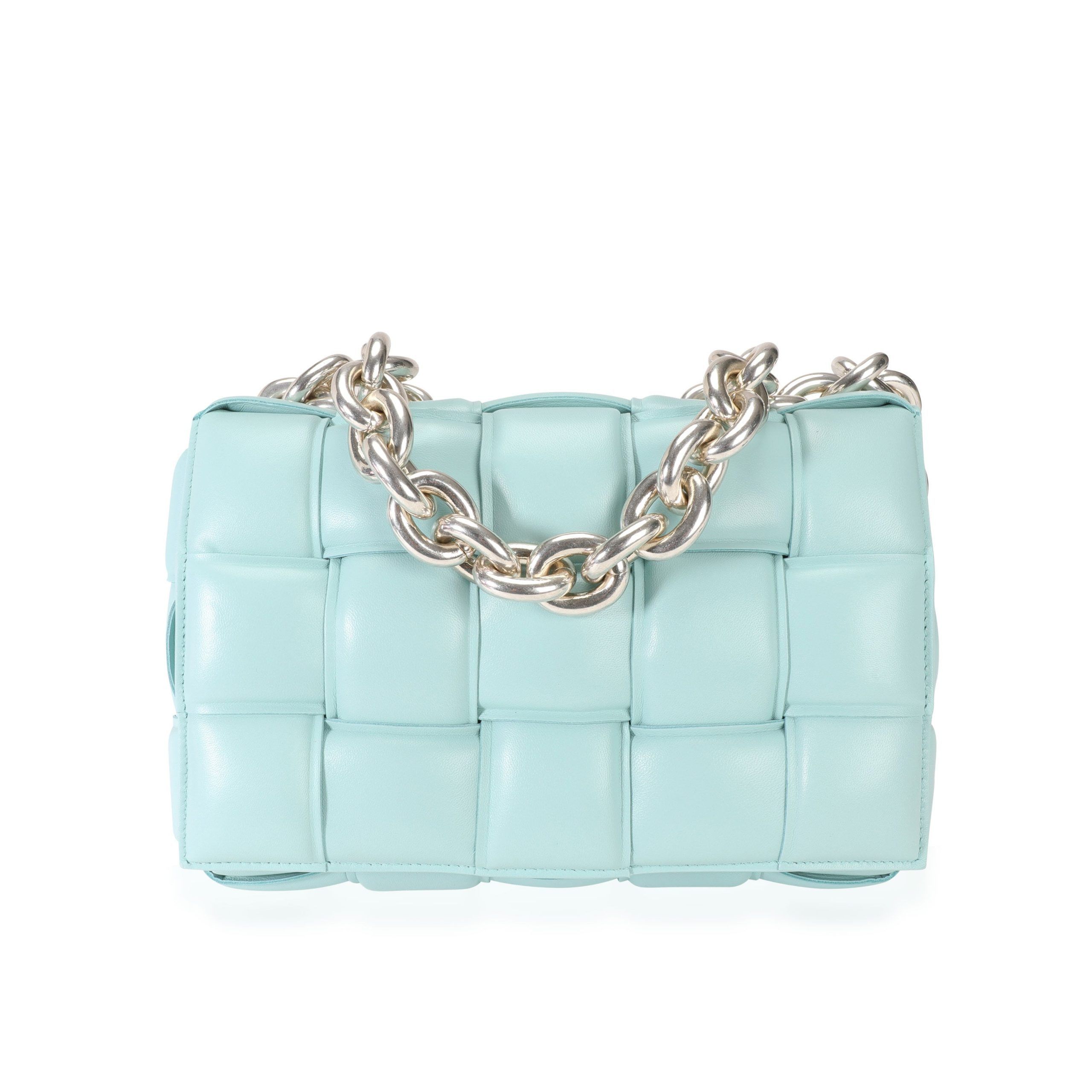 image of Bottega Veneta Spearmint Maxi Intrecciato Leather Chain Cassette Bag in Blue, Women's