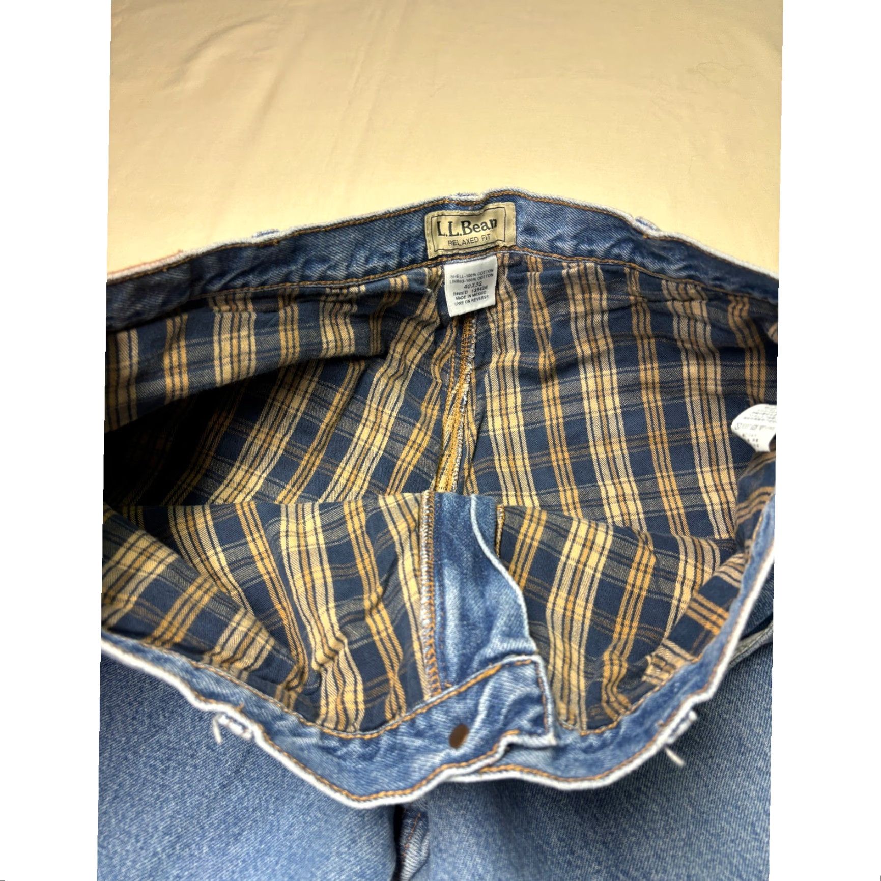 Vintage L.L. Bean Jeans Mens 40x32 Relaxed Fit Denim Flannel Lined Blue Plaid Insulated 5-Pocket Zip Fly Leather Patch Clothing Pants Size US 40 / EU 56 - 4 Thumbnail