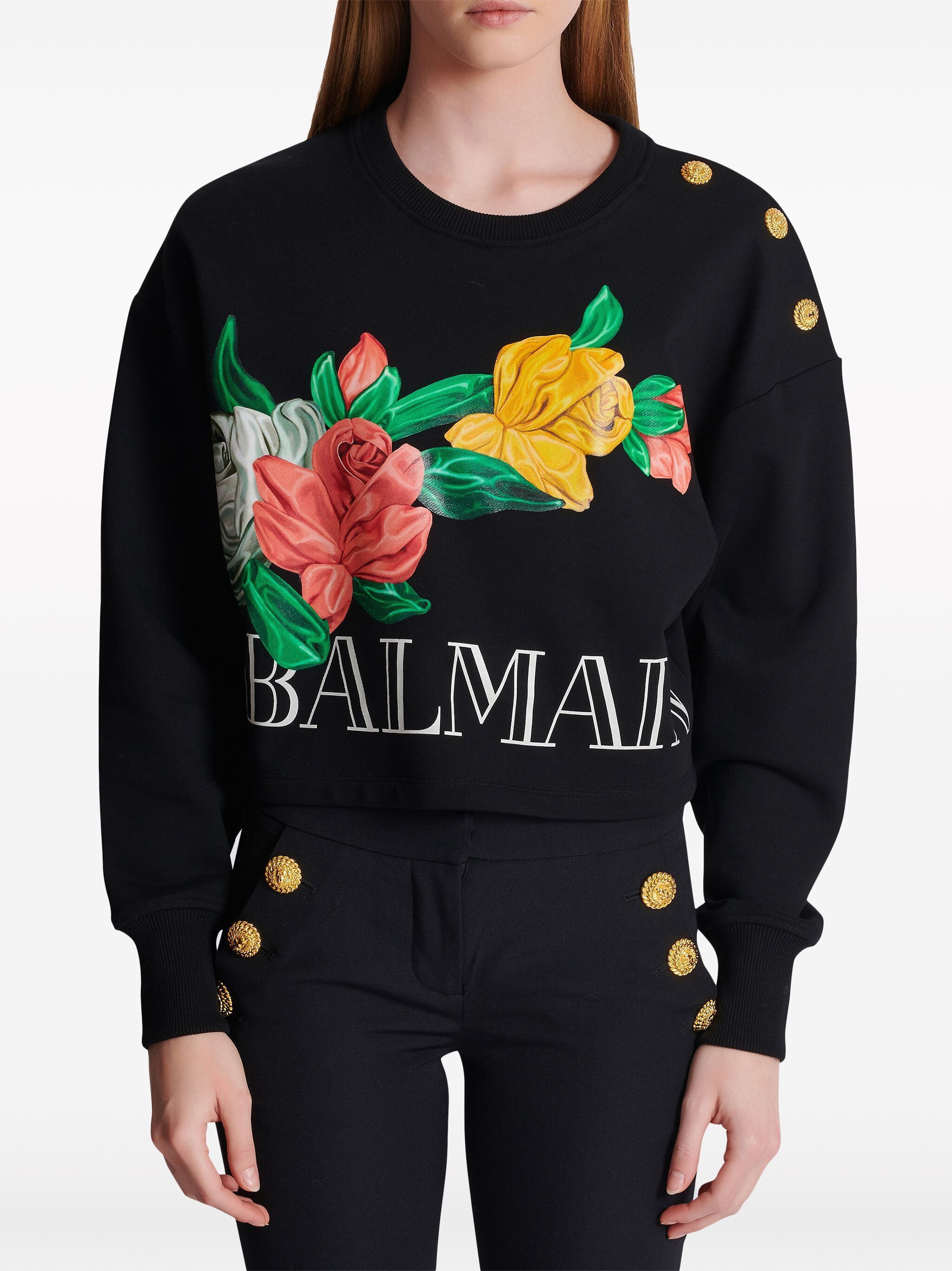 Balmain o1s1wg110125 Rose-Print Cropped Sweatshirt in Black Size XS / US 0-2 / IT 36-38 - 4 Thumbnail