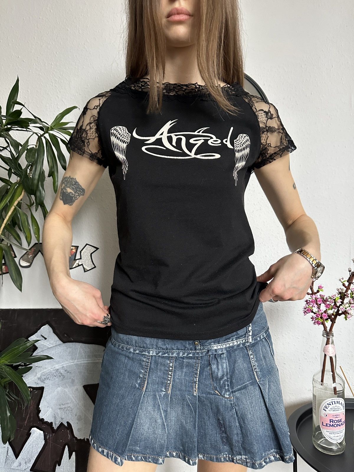 Affliction Punky Sexy Lace Angel Wings Printed Cut out T-Shirt Size ONE SIZE - 3 Thumbnail