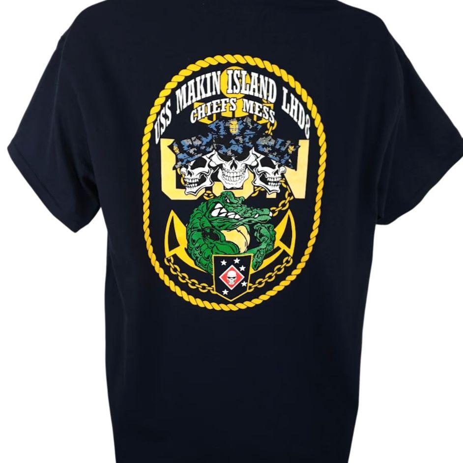 Gildan USS Makin Island LHD8 T Shirt Mens Size Large Blue Chiefs Mess Amphibious Assault Ship Navy USN Military Shirt Size US L / EU 52-54 / 3 - 4 Thumbnail
