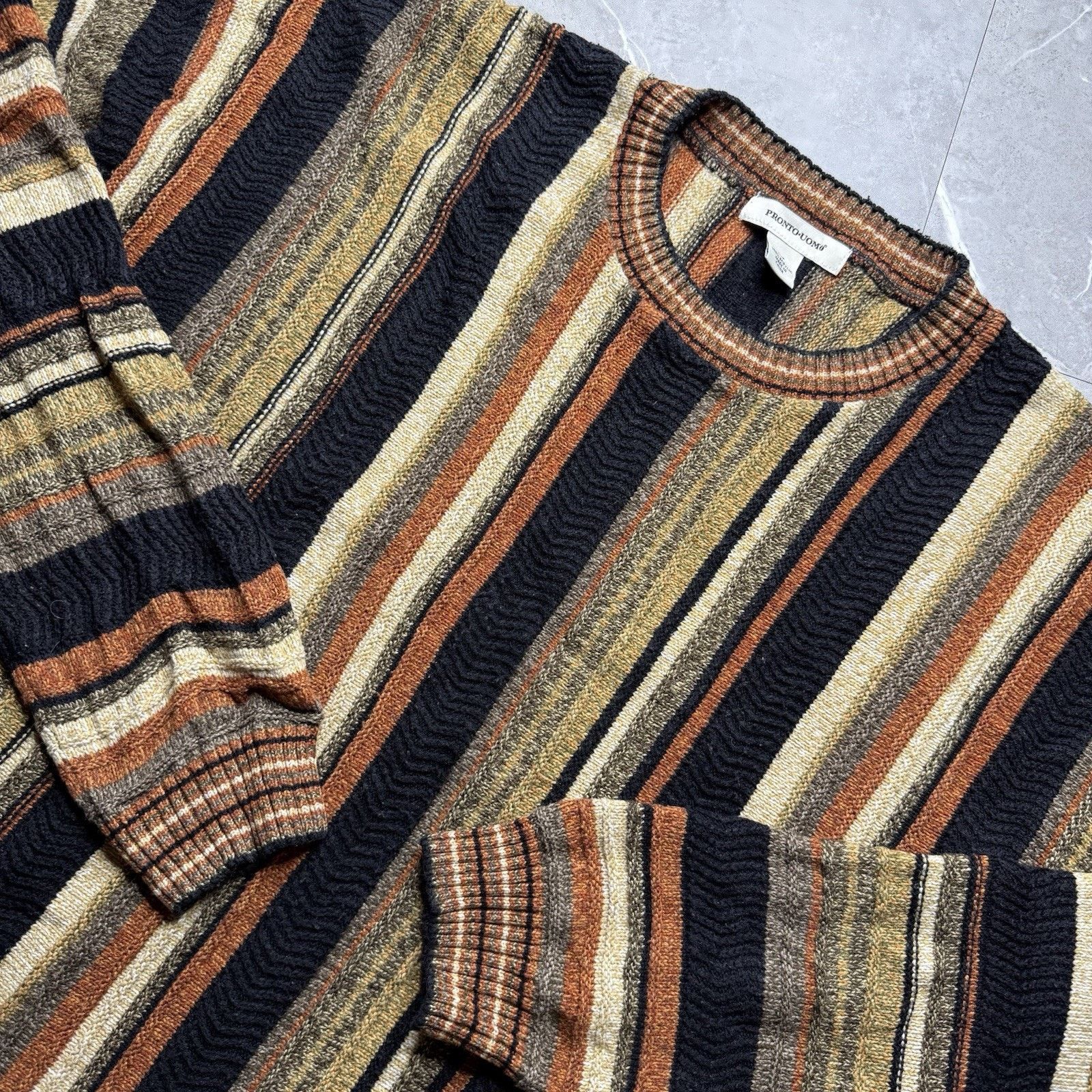 Pronto Uomo Vintage Coogi Style Cable Knit Earth Tone Sweater XLT Size US XL / EU 56 / 4 - 1 Thumbnail