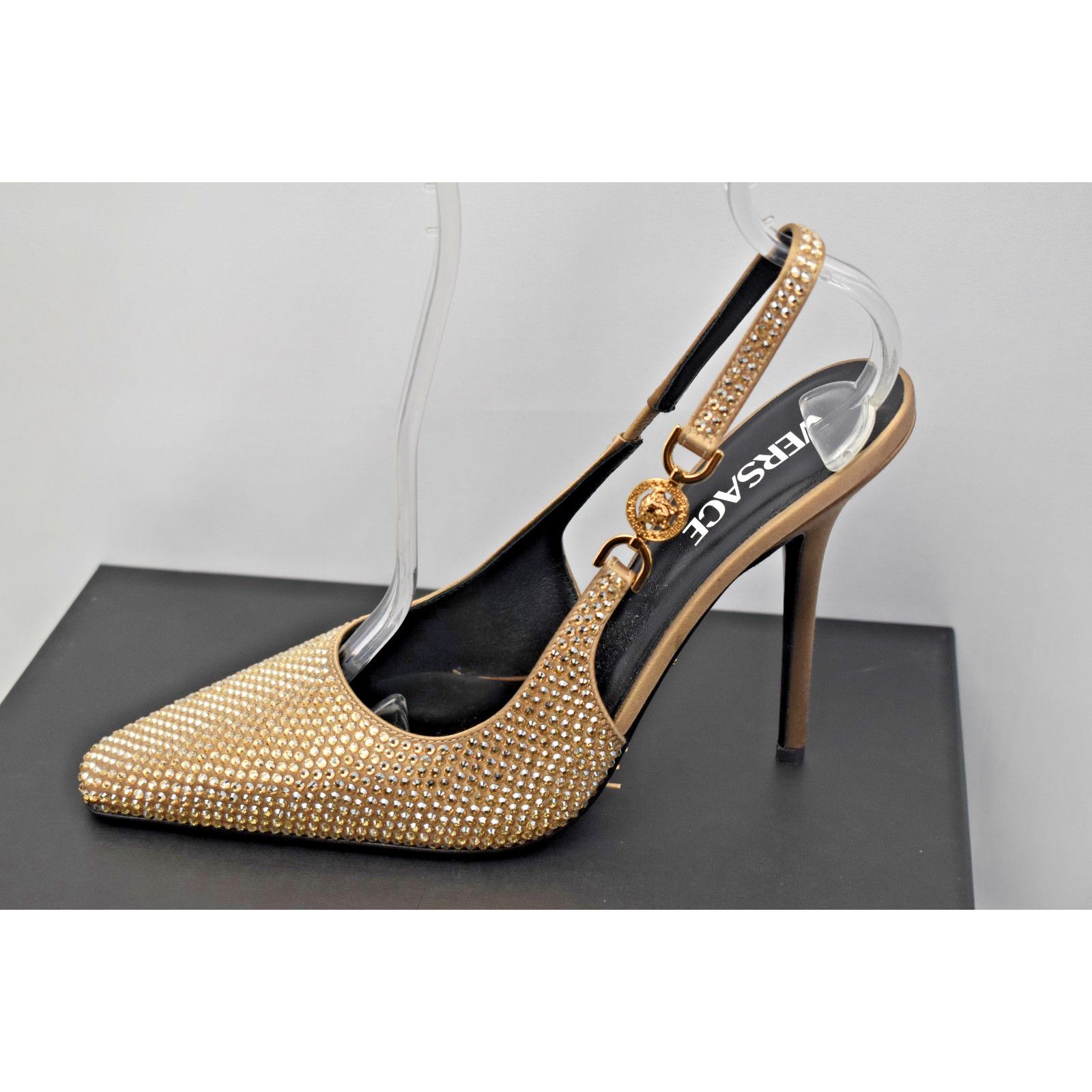 Versace VERSACE NUDE BEIGE SILK GOLD MEDUSA CRYSTALS PUMPS 39.5 ITAL Size US 9.5 / IT 39.5 - 3 Thumbnail