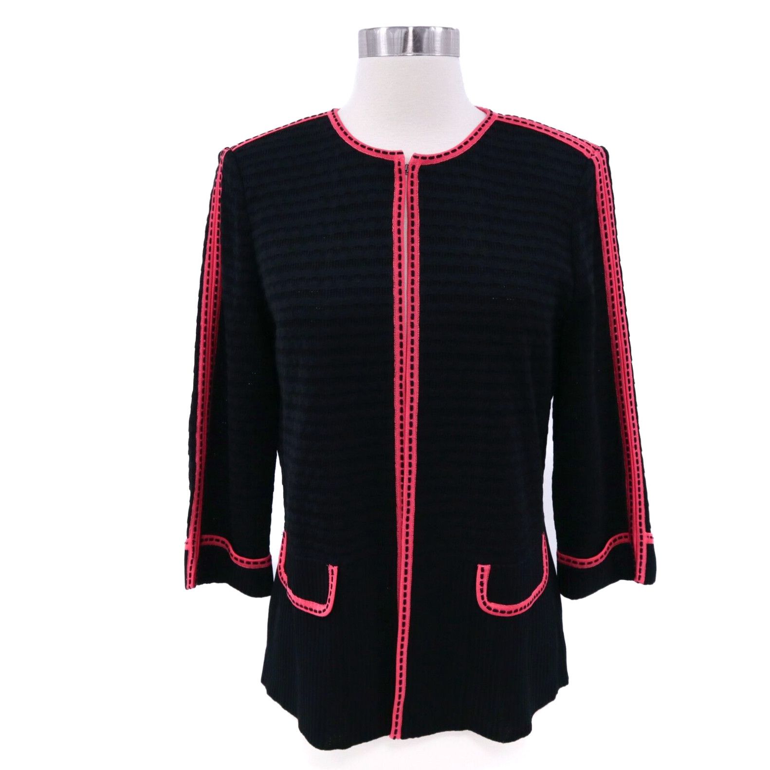 Image of Vintage Ming Wang Cardigan Sweater Jacket New Womens S Small Black Orange Red Trim Knit in White