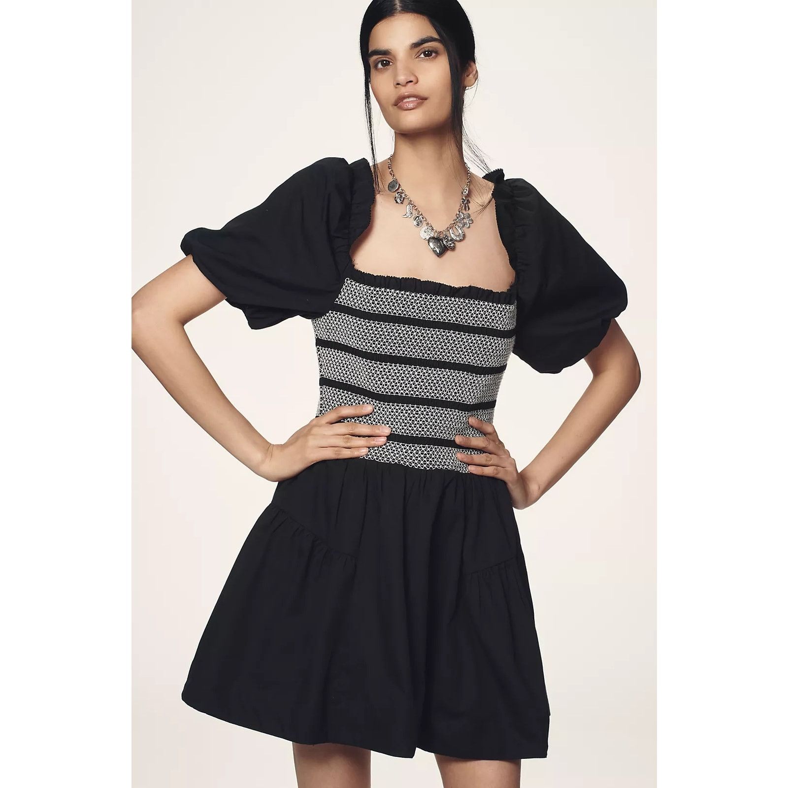 Anthropologie NWT Puff-Sleeve Square-Neck Smocked Mini Dress $158 Black Size S / US 4 / IT 40 - 4 Thumbnail