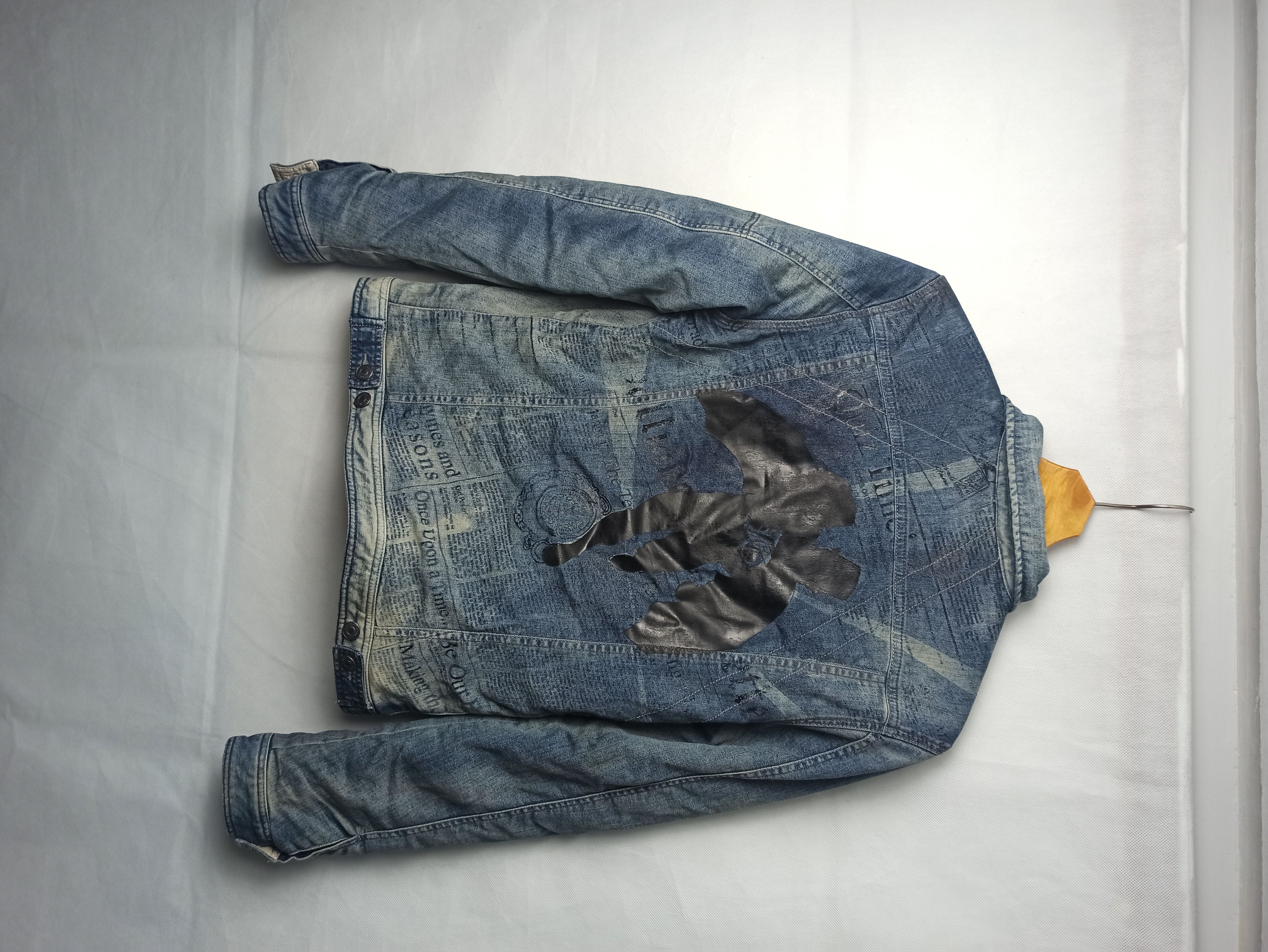 image of Archival Clothing x Avant Garde John Galliano Newspaper Pattern Denim Jacket in Blue, Women's (Size