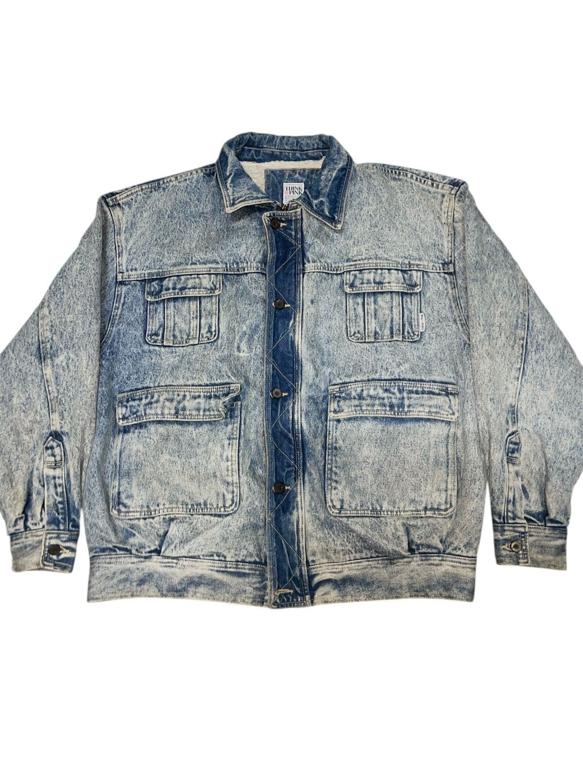 Vintage RARE 80s Think Pink Denim Jacket Acid Wash Sherpa Fleece Size US L / EU 52-54 / 3 - 1 Thumbnail