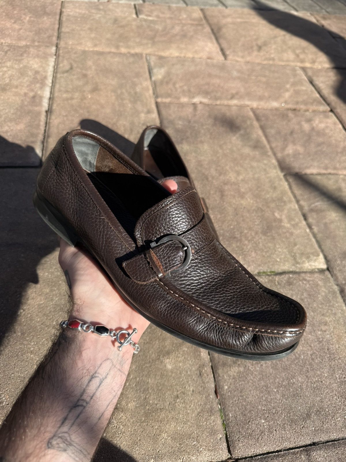 Salvatore Ferragamo Magnifico Gancini Brown Pebbled Loafers display picture 3