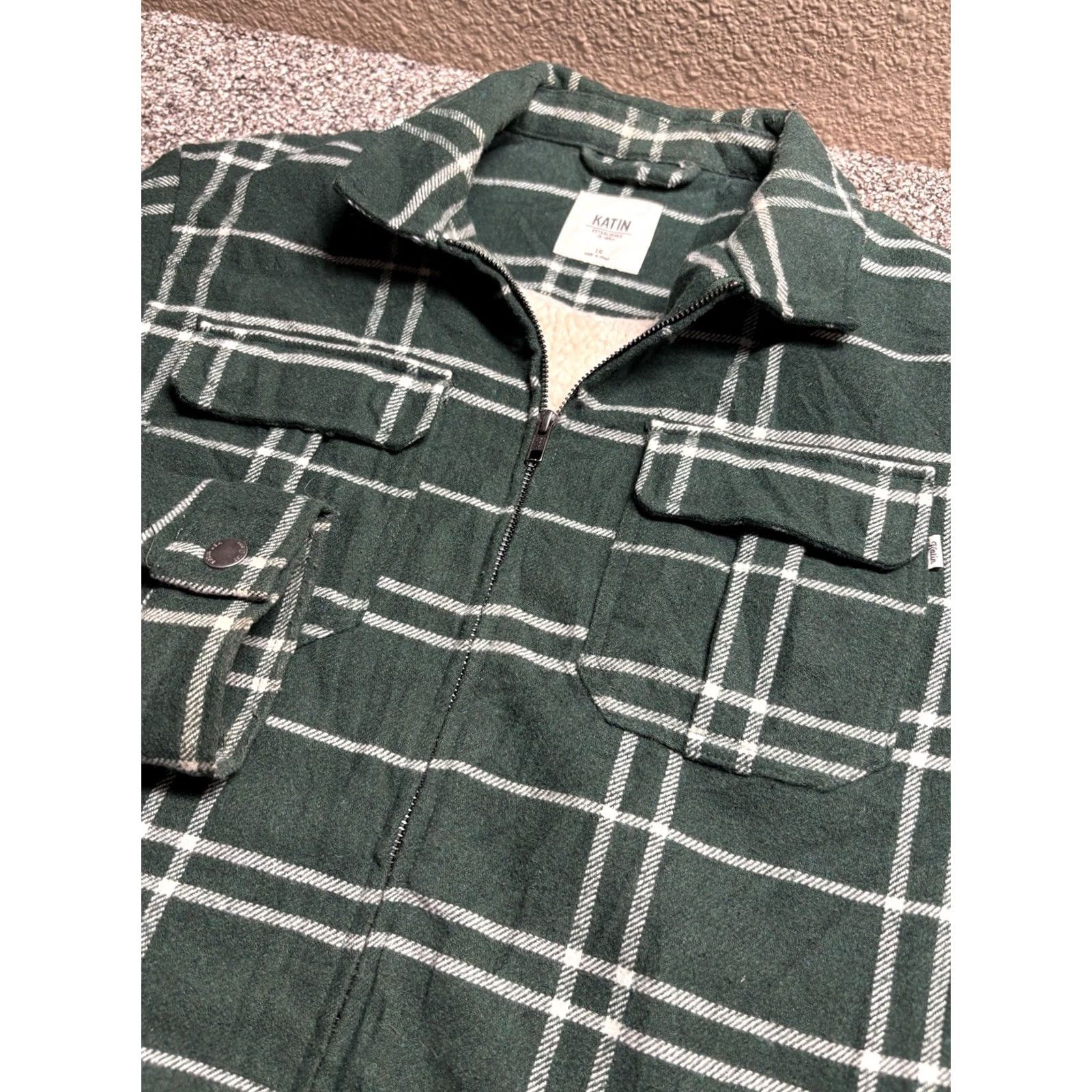 Katin Katin Crosby Jacket Mens Large Sherpa Lined Green Plaid Full Zip Wool Blend Shacket Size US L / EU 52-54 / 3 - 5 Thumbnail