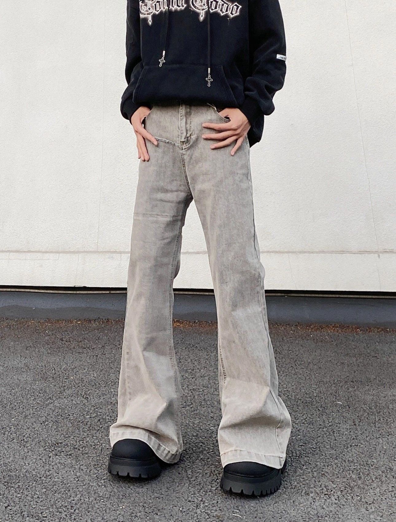 Designer × Jean Streetwear Gray Flared Jeans Size US 31 - 2 Thumbnail