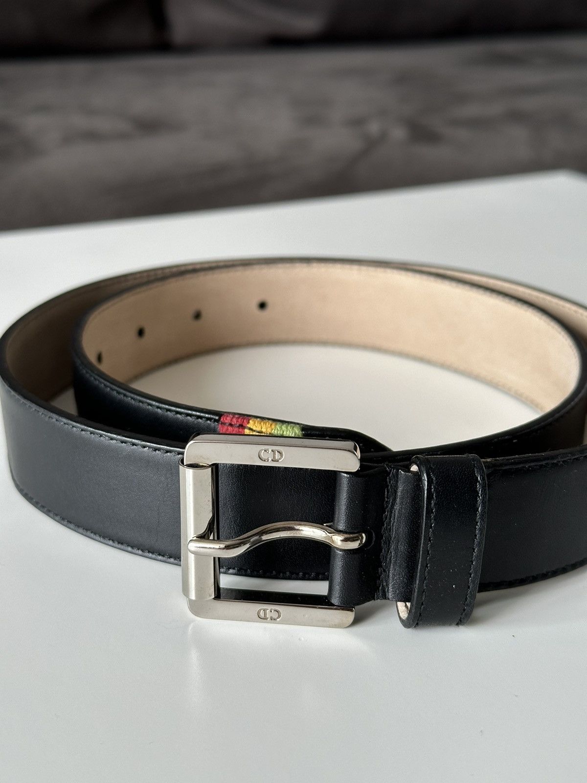 Christian Dior Monsieur DIOR Rasta Black Logo Leather Belt Vintage 2000’ Size: 28-30 Size ONE SIZE - 5 Thumbnail