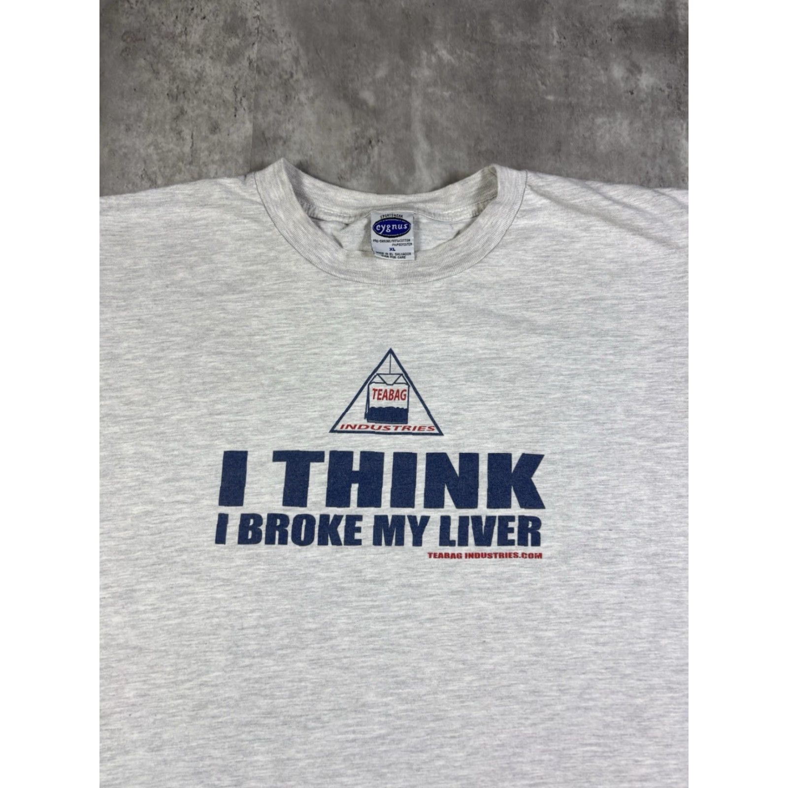 Industrie VINTAGE 90s Teabag Industries I Think I Broke My Liver Funny T Shirt XL Gray Cotton Crew Neck Short Sleeve Men’s Cygnus Graphic Print Size US XL / EU 56 / 4 - 5 Thumbnail