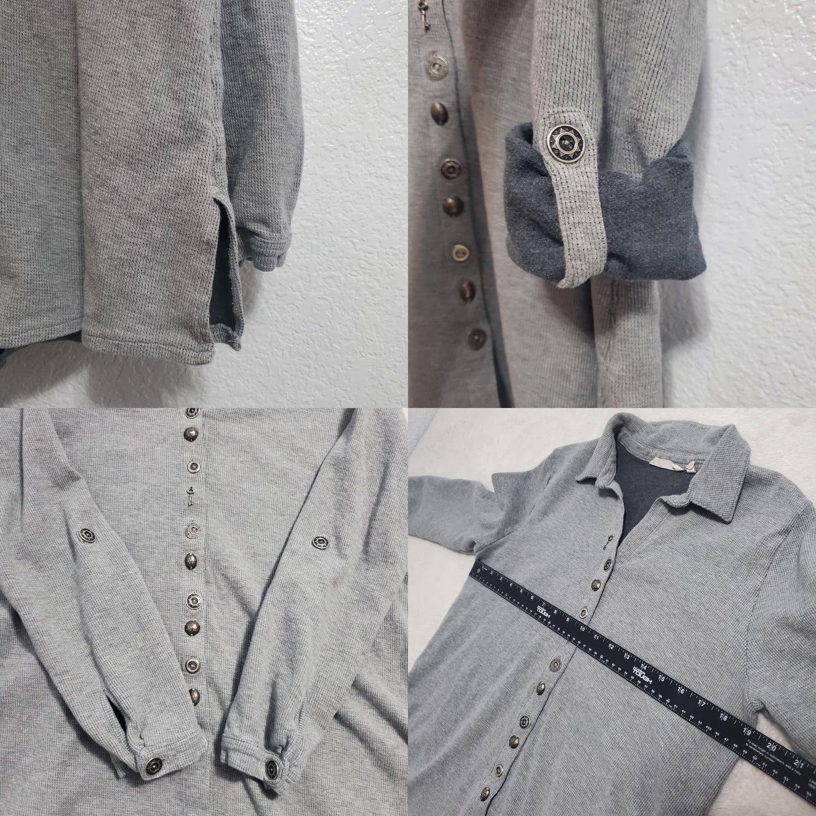 Soft Surroundings VINTAGE Soft Surroundings Top Women L Gray Waffle Knit Novelty Buttons Roll Tab Sleeve Size L / US 10 / IT 46 - 8 Thumbnail