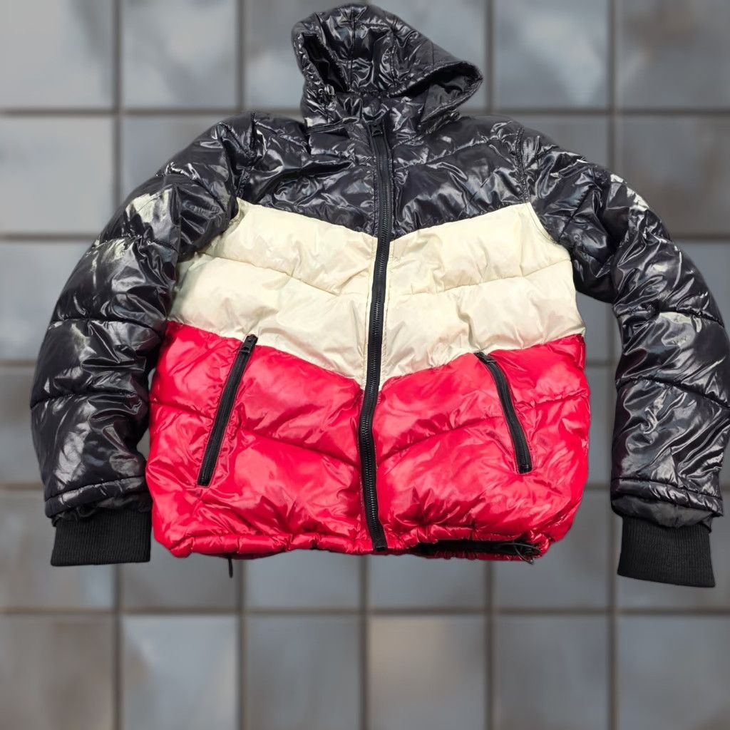 GUESS Puffer Jacket Hooded Colorblock Shiny Black Red Cream Size M Vintage Y2K