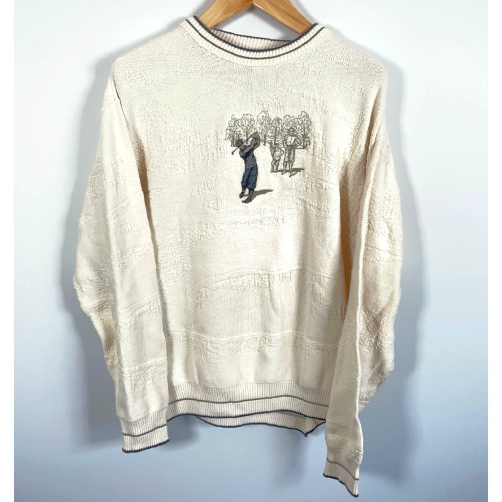 Vintage VINTAGE 90s Golf Motif Sweater Trader Bay Men Large Ivory Embroidered Knit Cotton Textured Crew Neck Pullover Casual Adults Mens Size US L / EU 52-54 / 3 - 2 Thumbnail