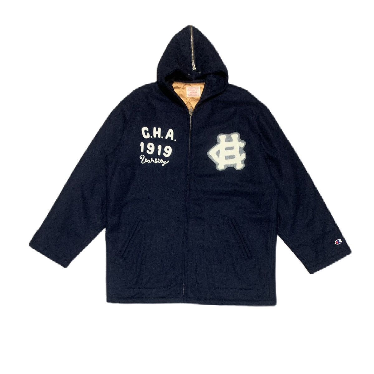 image of Cashmere Wool x Champion Vintage Champion Sports Wear Rochester Ny Wool Hoodie Jacket in Navy Blue 