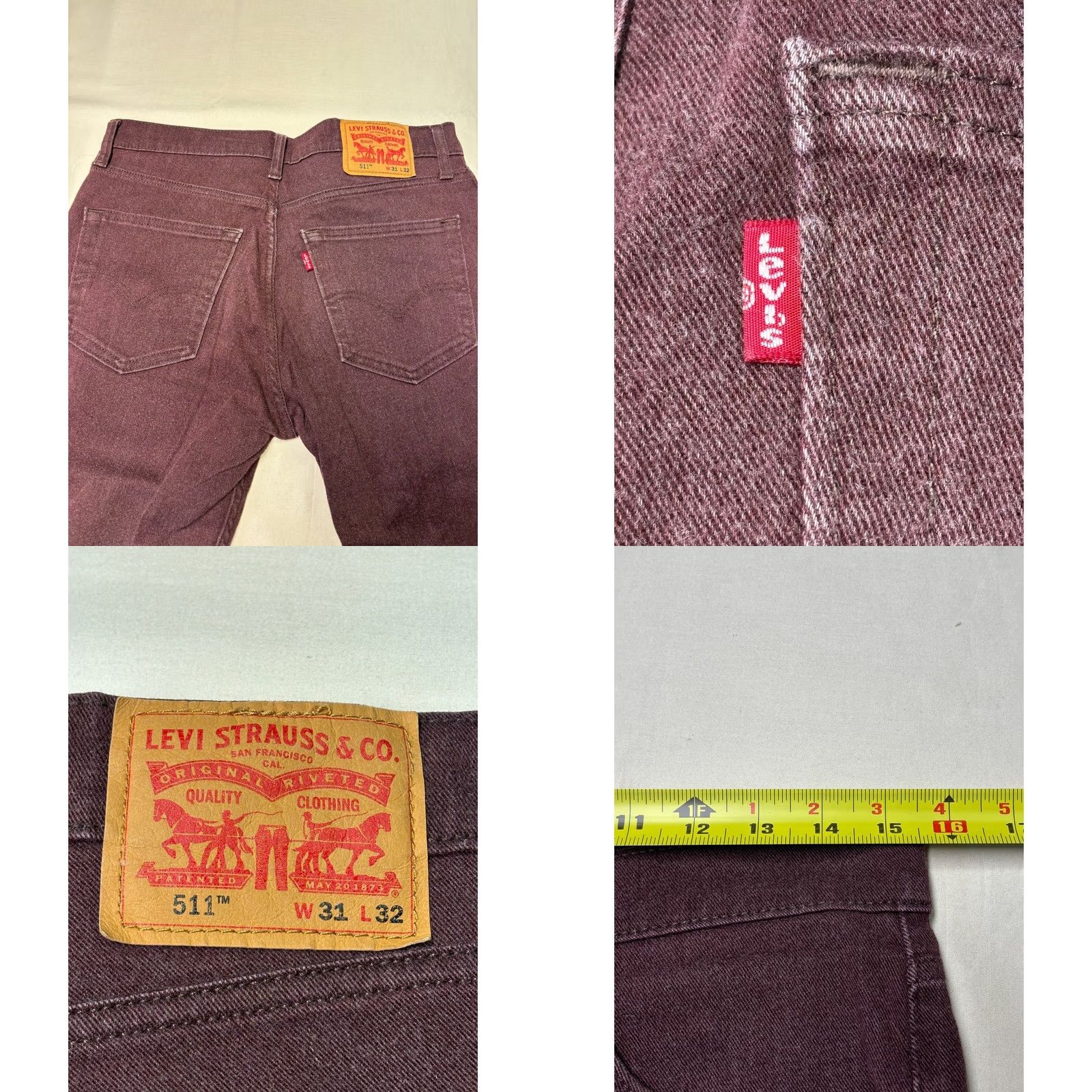 Levi's Levis 511 Slim Fit Jeans Mens 31x32 Burgundy Maroon Stretch Denim 04511-5065 Size US 31 - 8 Thumbnail