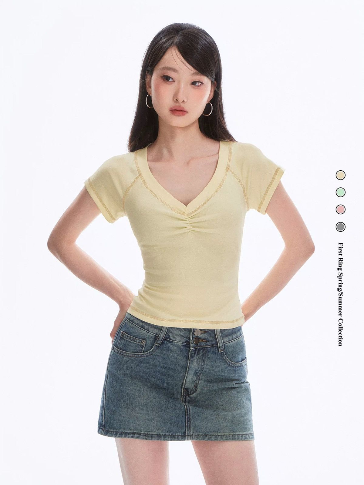 Other Cream yellow V-neck Ruched Cap Sleeve Tee Size L / US 10 / IT 46 - 4 Thumbnail