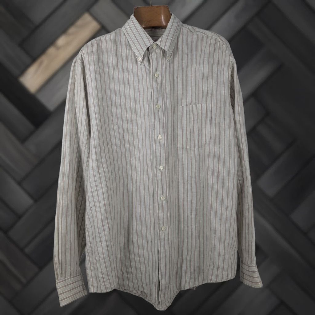 Brooks Brothers VINTAGE Brooks Brothers Shirt Men Large L Irish Linen Pistachio Brown Stripe Natural Beach Summer Flats? Size US L / EU 52-54 / 3 - 1 Thumbnail