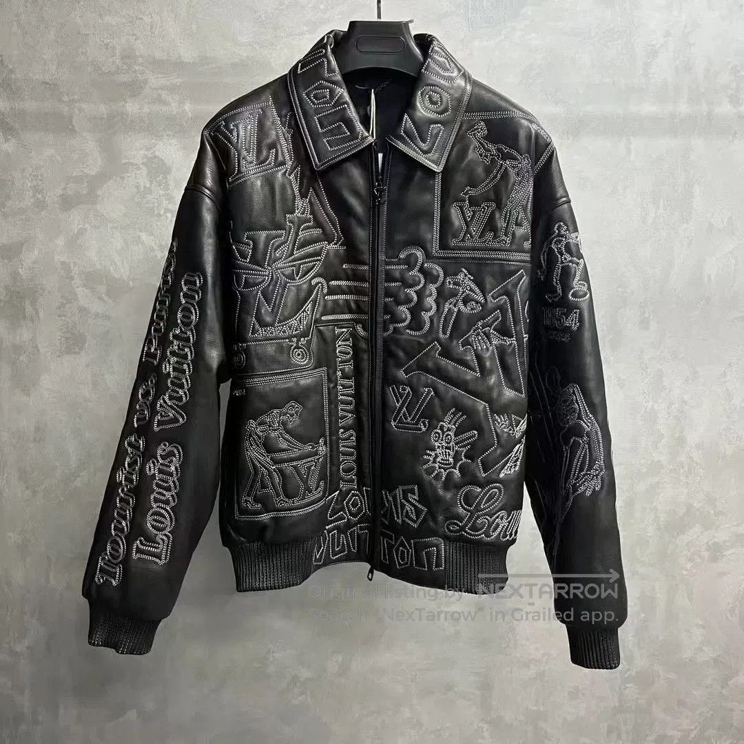 black embroidered leather pilot jacket.