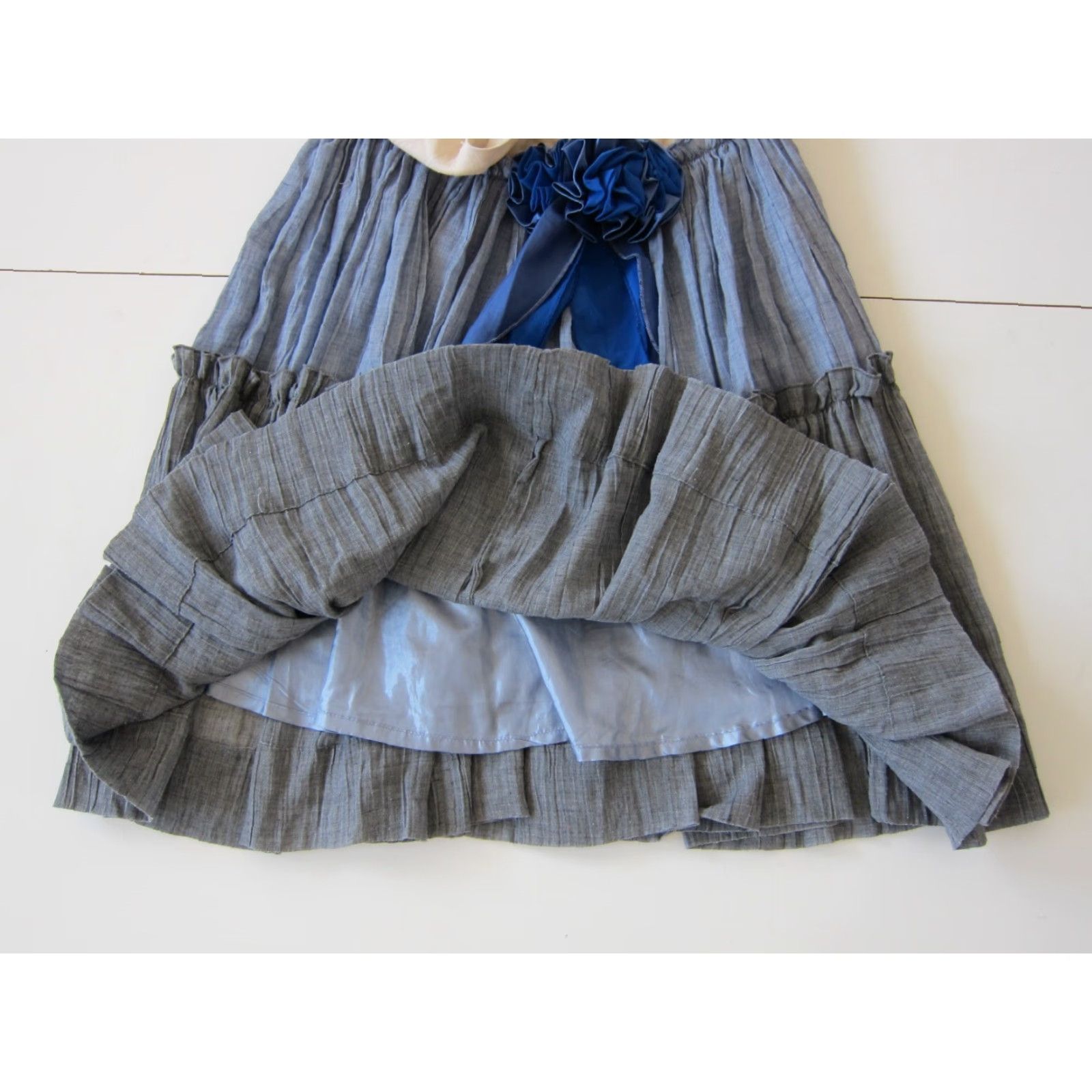 Vintage Ark & Co. Blue Ivory 100% Cotton Spaghetti Strap V-Neck Ruffle Sun Dress Small Womens Size S / US 4 / IT 40 - 7 Thumbnail