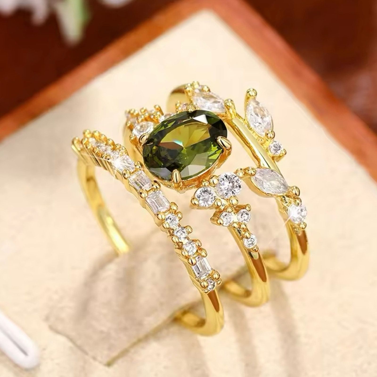 Other Olive Green Cubic Zircon 3Pcs Set Rings for Women size 7, 8 Size ONE SIZE - 2 Thumbnail