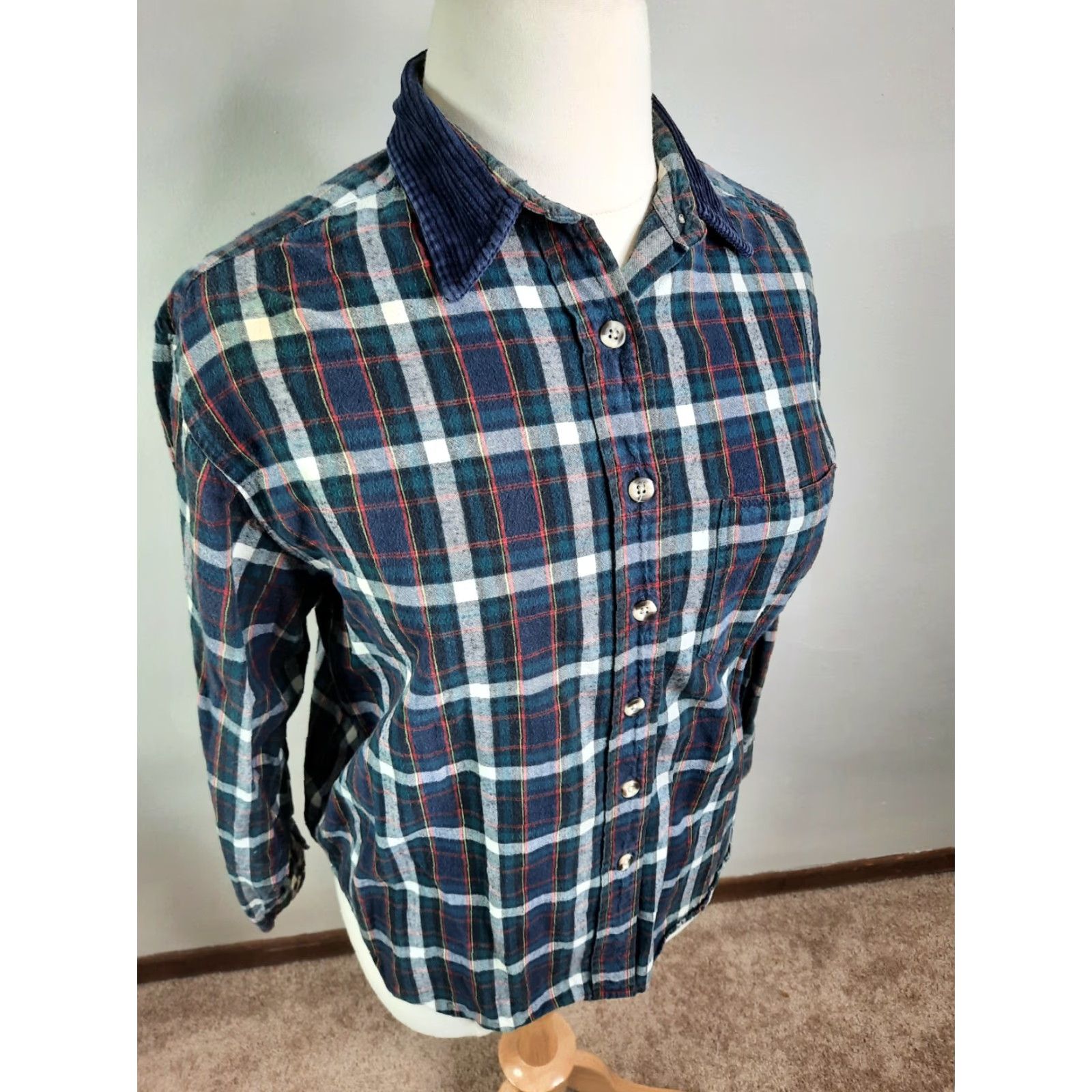 Vintage VINTAGE 90s Plaid Shirt Women's Blue Corduroy Collar Long Sleeve Grunge Large Size L / US 10 / IT 46 - 4 Thumbnail