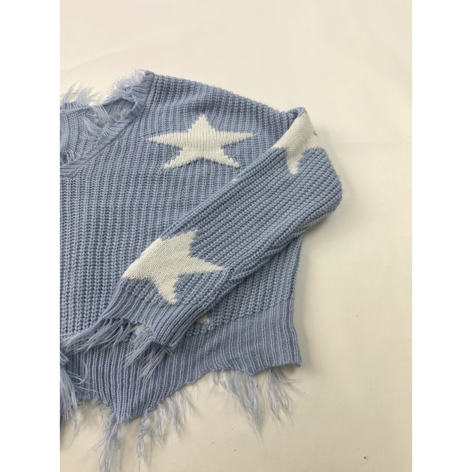 Vintage Just Polly Sweater Adult Medium Blue V-Neck Cropped Fringe Stars Pullover Womens Size M / US 6-8 / IT 42-44 - 3 Thumbnail