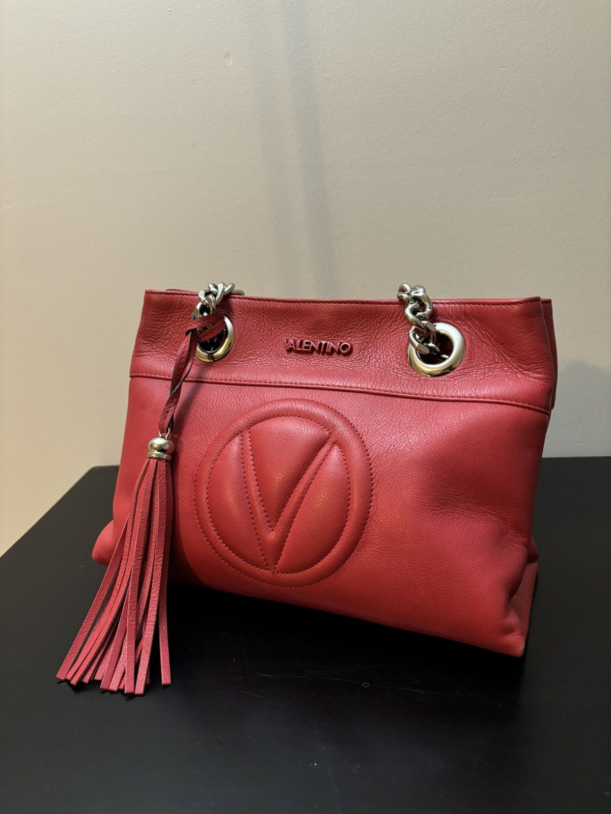 Mario Valentino Kali Tassel Leather Shoulder Bag Red Silver, Women's
