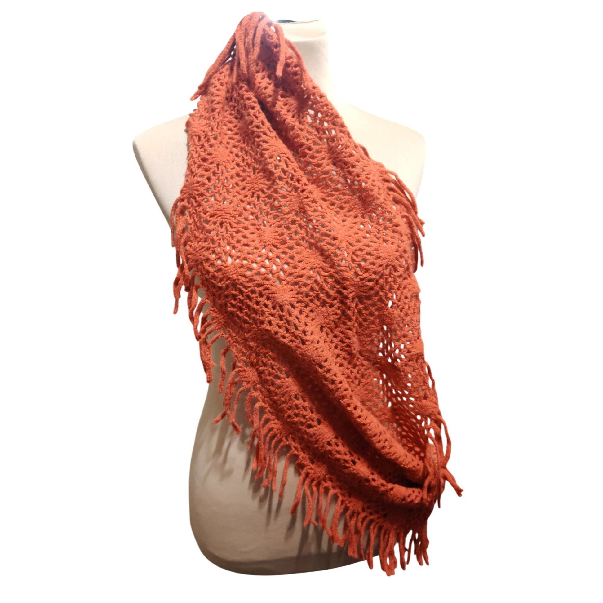 Other Rust Crochet Infinity Scarf Open Weave Fringe Loop Boho Dese Size ONE SIZE - 6 Thumbnail