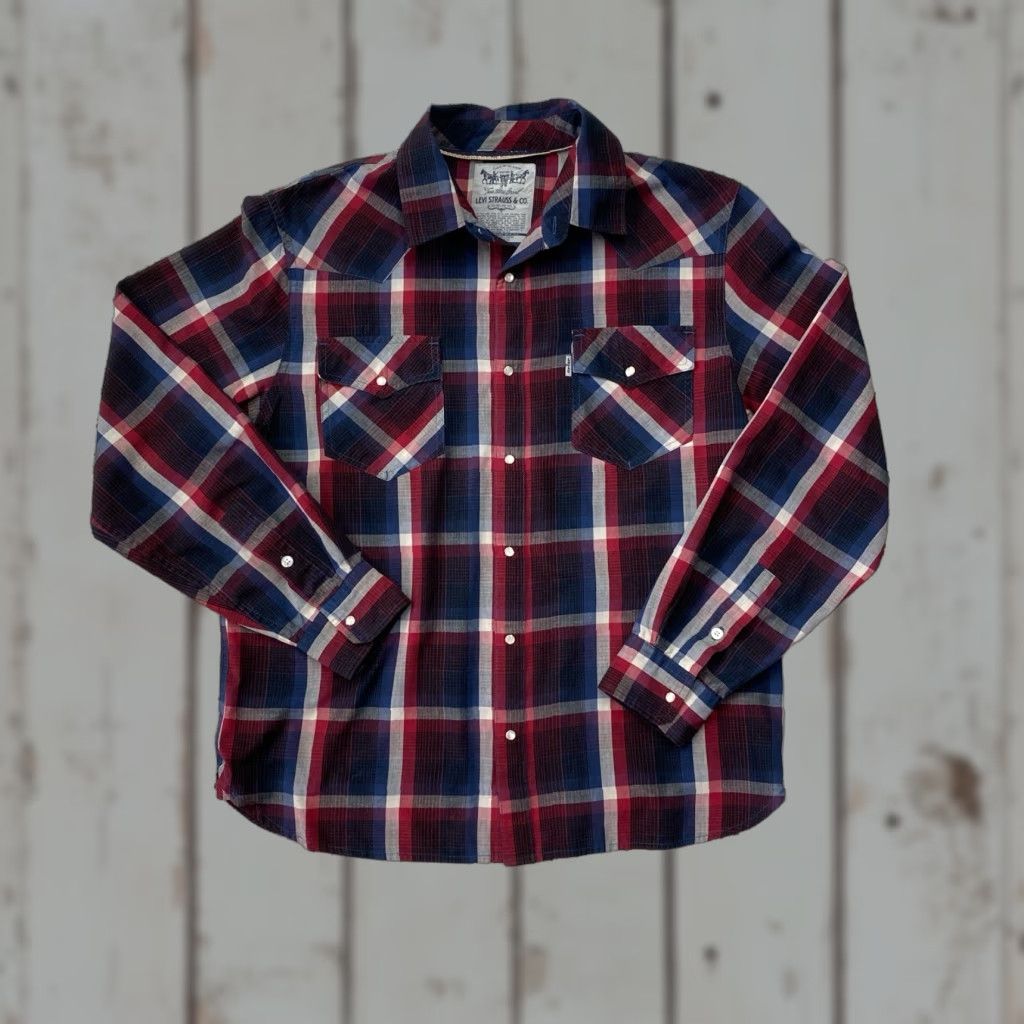 Levi's VINTAGE Levi's Pearl Snap Shirt Long Sleeve Western Plaid Cotton Men's Large Blue Red Western Pattern Pockets Size US L / EU 52-54 / 3 - 1 Thumbnail