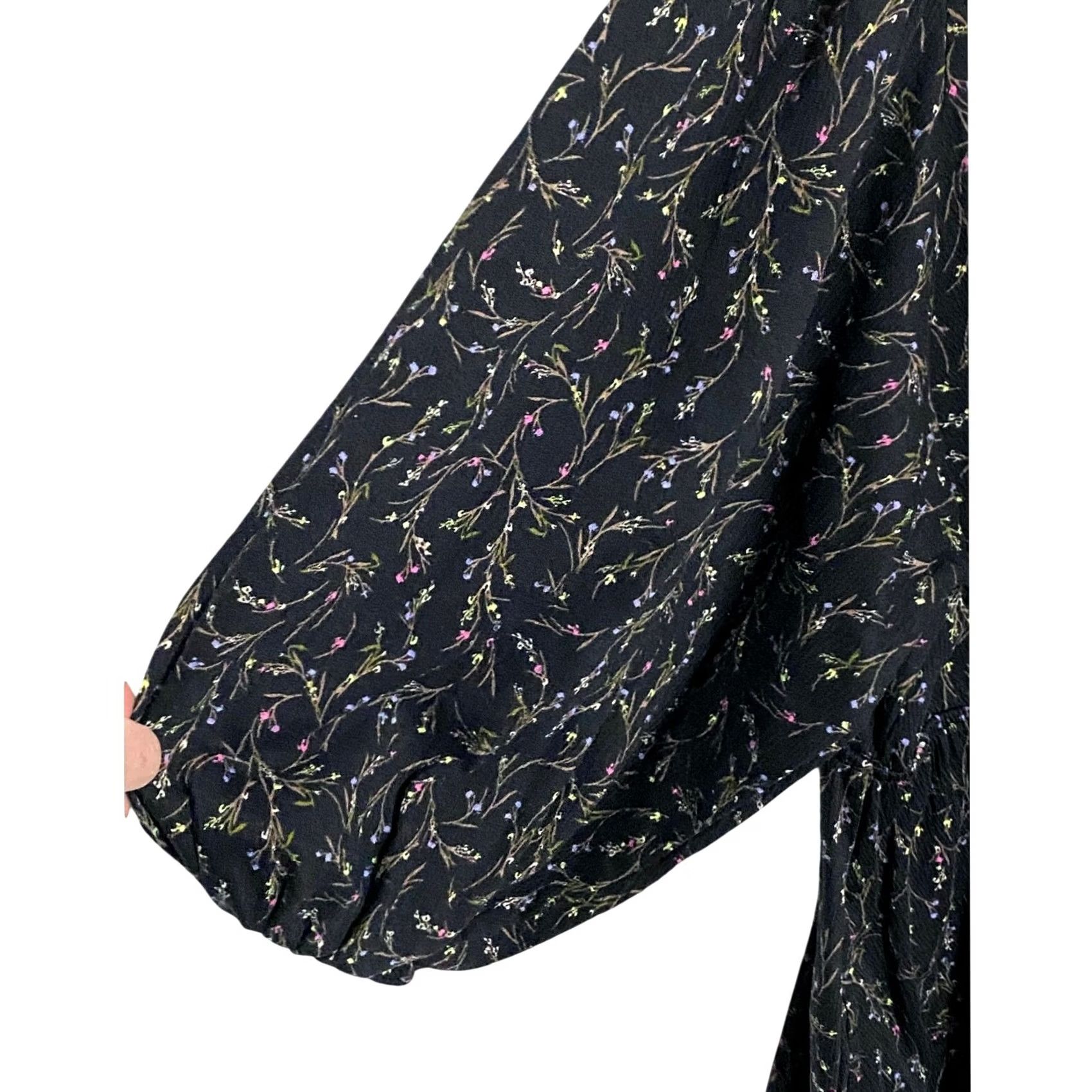 Vintage Ava Viv Black Floral Dress 2X Balloon Sleeve Boho Whimsigoth Cottage Dark Fairy - 3/4 Sleeve, Pockets, A-Line, Polyester Spandex - Womens, Short Dress Size XXL / US 16-18 / IT 52-54 - 4 Thumbnail