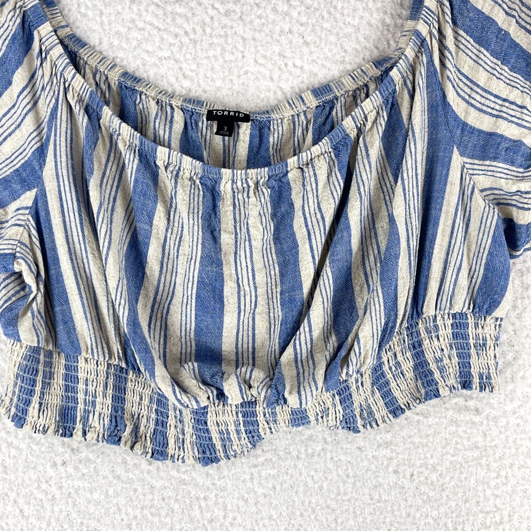 Torrid Torrid Blue Stripe Off Shoulder Crop Shirt 3X Womens Plus Size Smocked Waist Linen Blend Pullover Short Sleeve Top Size XXL / US 16-18 / IT 52-54 - 4 Thumbnail