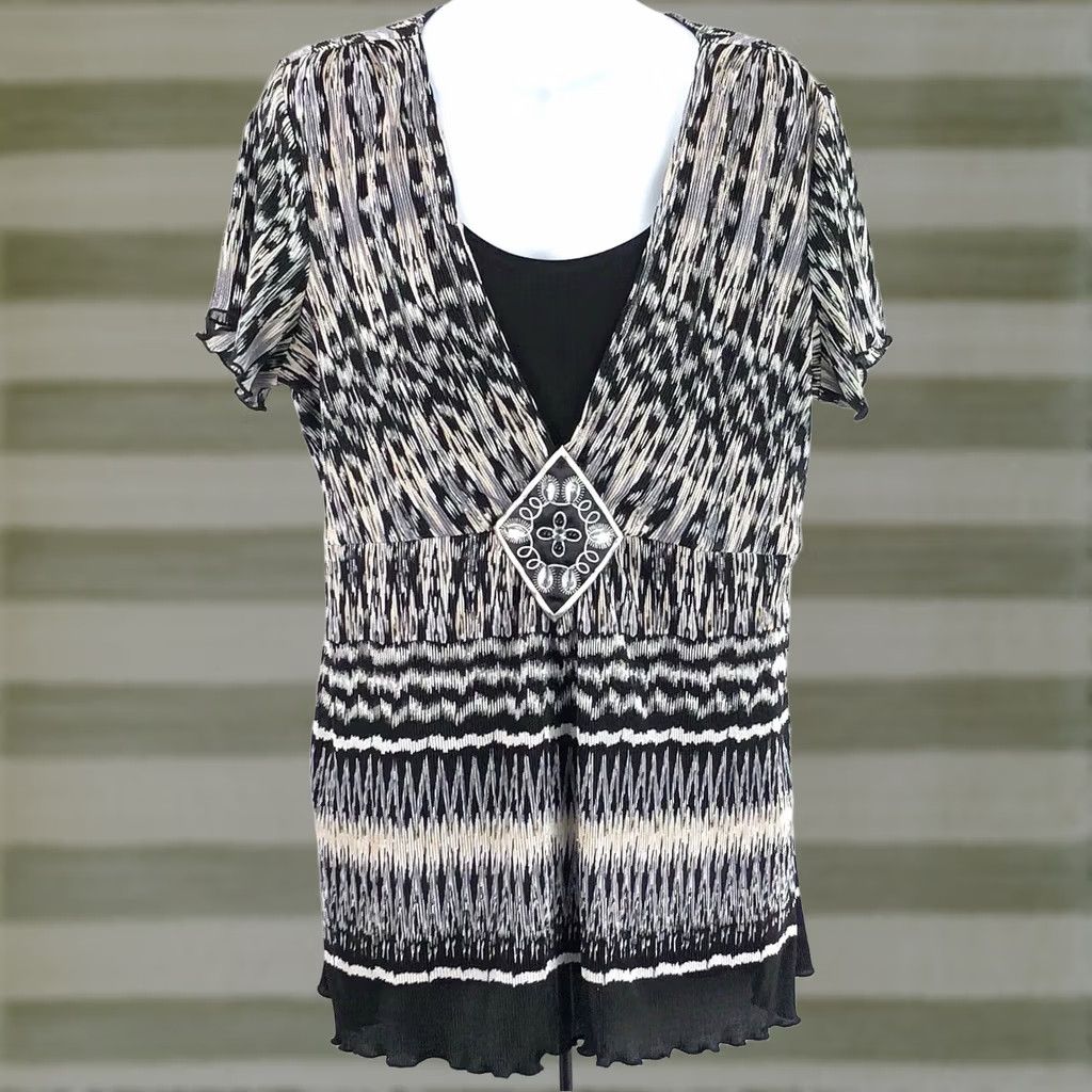 Element VINTAGE Elementz Tunic Blouse Shirt Geometric Beaded Pleated Ruffles Short Sleeve XL Gray Womens Bohemian 90s Y2K Size XL / US 12-14 / IT 48-50 - 1 Thumbnail