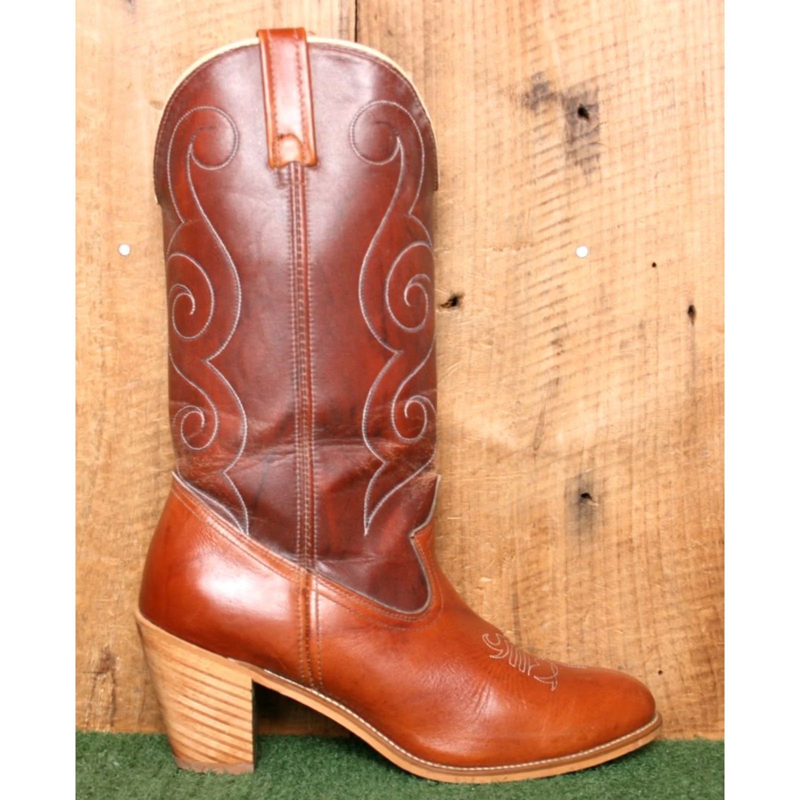 Vintage VINTAGE Acme Cognac Leather Synthetic Shaft Cowgirl Boots 3.25" Wood Heels 10M Brown Western Women Shoe/Boots Mens Size US 10 / IT 40 - 2 Thumbnail