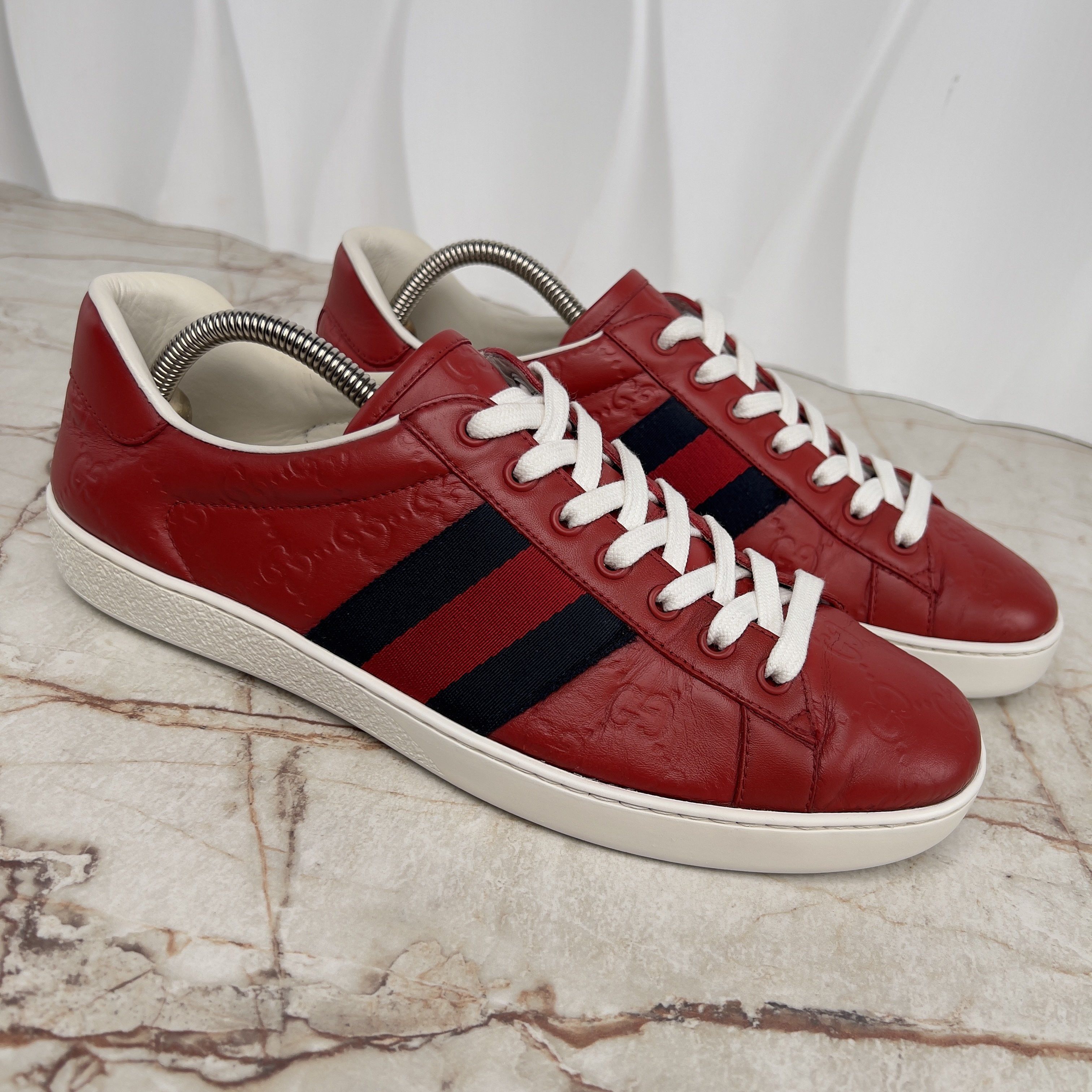Gucci Ace Web GG Monogram Low Top Sneakers Red Leather Size US 8 / EU 41 - 4 Thumbnail