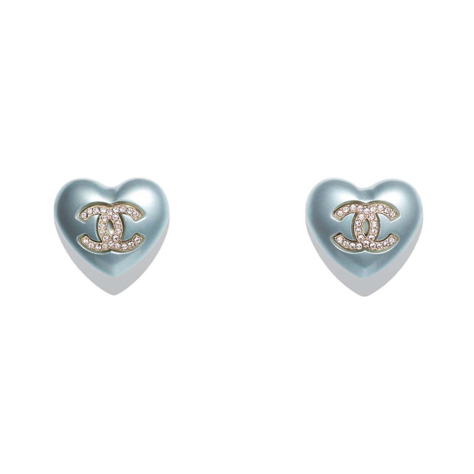 Chanel Chanel Heart Shape Pearly Blue Gold Crystal Stud Earrings Size ONE SIZE - 1 Thumbnail