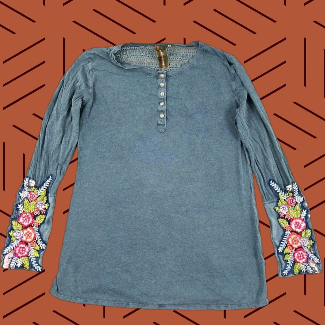 Vintage Aratta Silent Journey Blouse Womens S Blue Floral Embroidered Henley Boho Long Sleeve Size S / US 4 / IT 40 - 1 Thumbnail