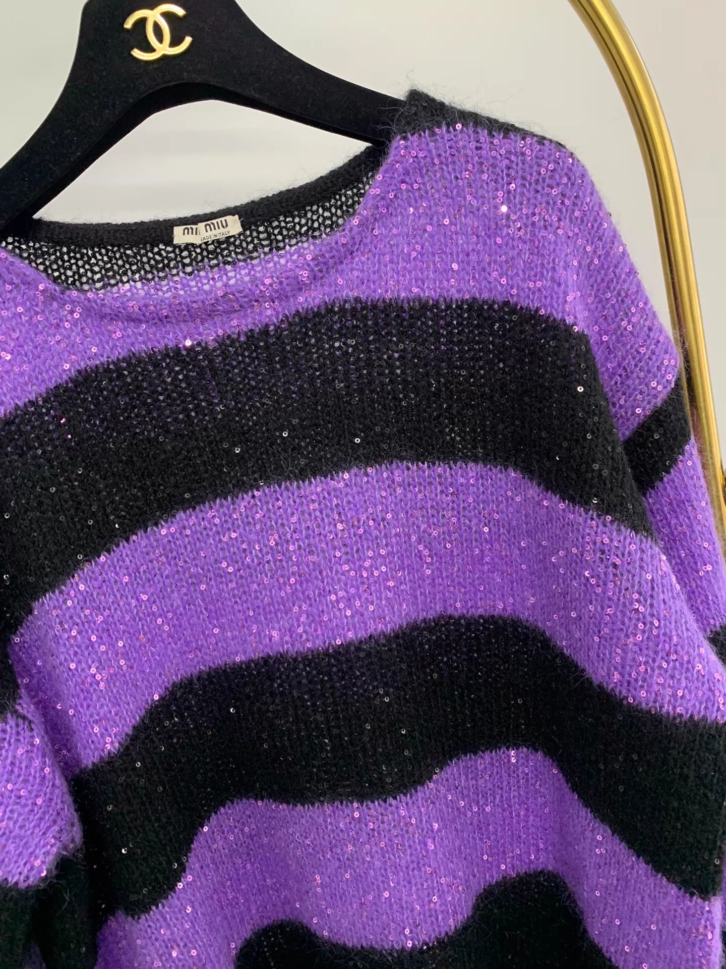 Miu Miu MIU MIU Purple Black Colorblock Sequin Stripe Sweater Size XS / US 0-2 / IT 36-38 - 2 Thumbnail