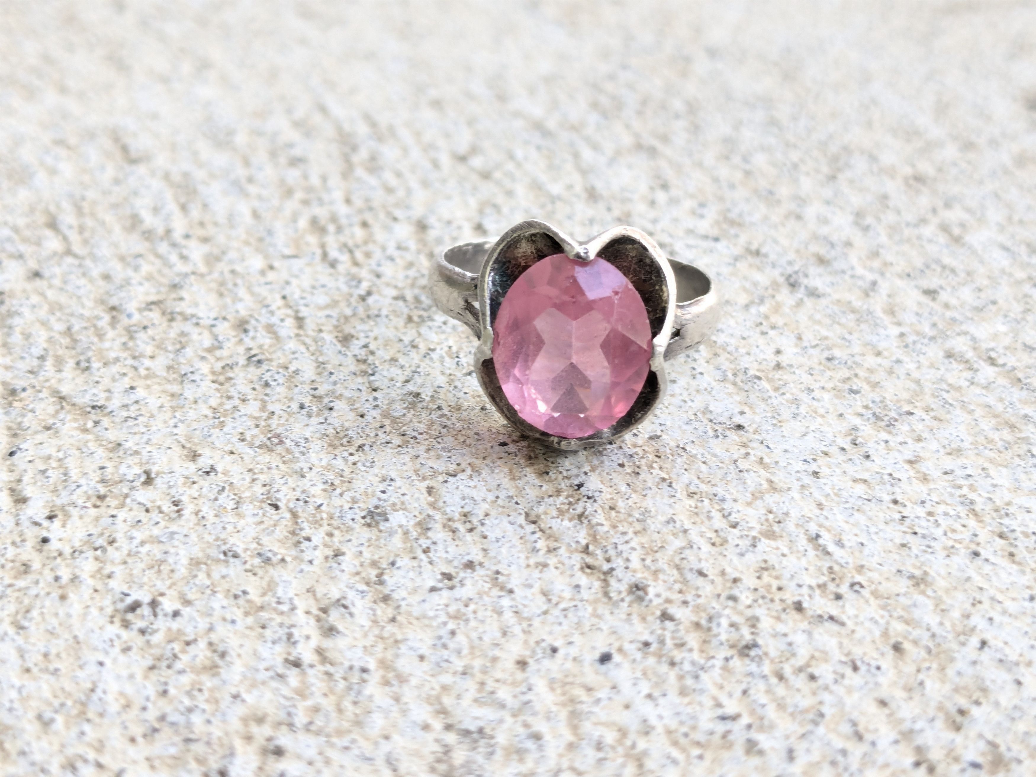 Jewelry Vintage Sterling Silver Ring Pink Glass 8.5 Belcher Mexico Size ONE SIZE - 3 Thumbnail